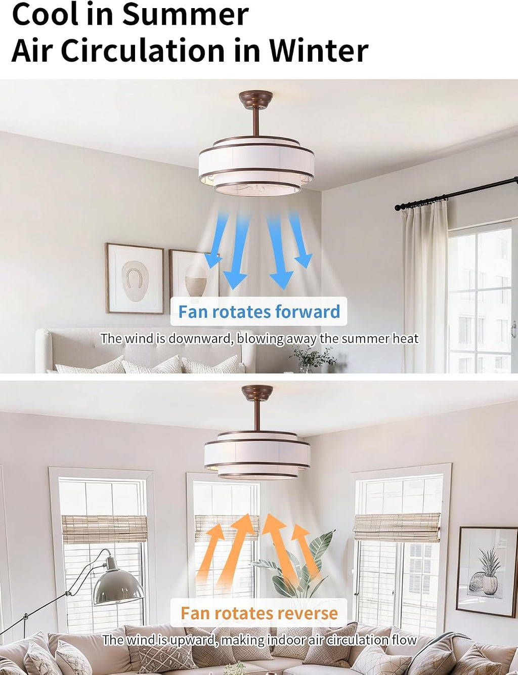 20' Caged Ceiling Fans with Lights and Remote, Fandelier Ceiling Fan with Light, Modern Bladeless Quiet Reversible Motor 6 Speeds for Bedroom, Nursery, Living Room, Brown