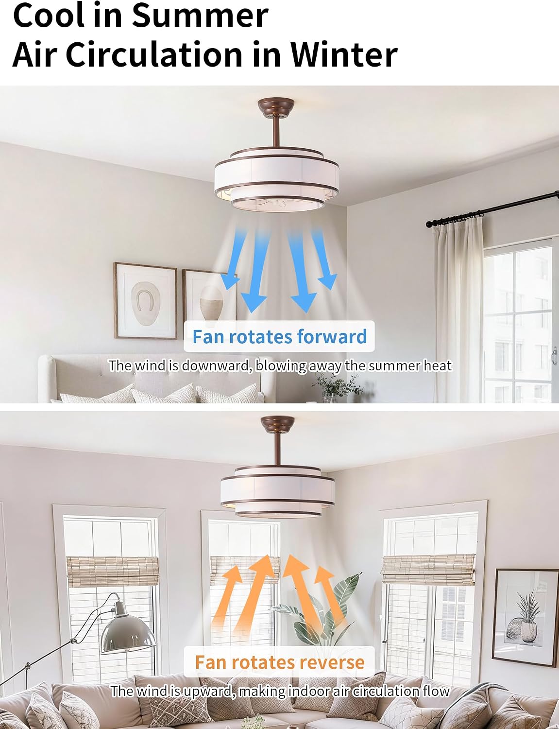 20' Caged Ceiling Fans with Lights and Remote, Fandelier Ceiling Fan with Light, Modern Bladeless Quiet Reversible Motor 6 Speeds for Bedroom, Nursery, Living Room, Brown