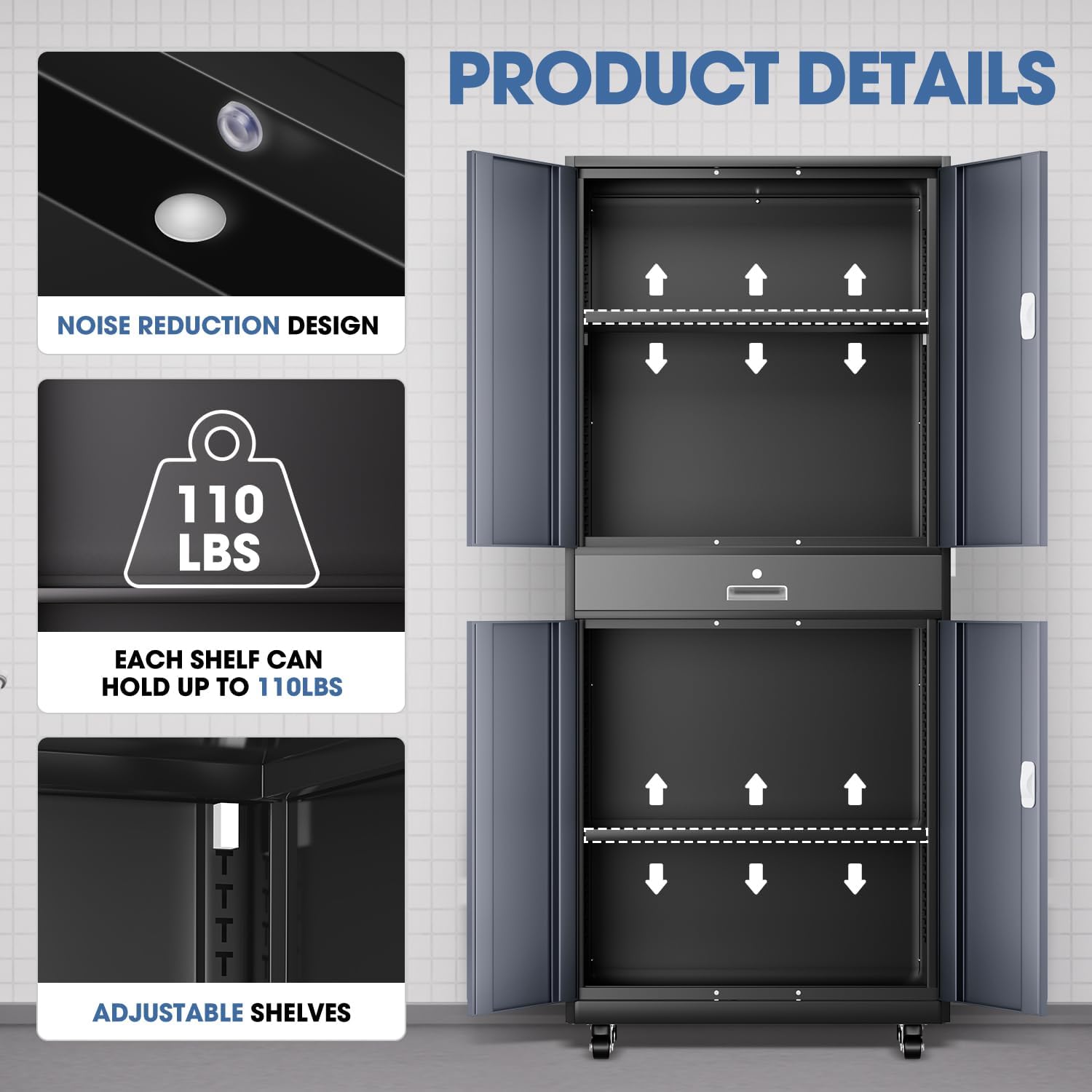 DNA Motoring Metal Storage Cabinet, 73'' Rolling Garage Cabinet with 1 Drawer and Adjustable Shelves, Lockable Cabinet Heavy Duty Utility Cabinet for Garage,Office,Home,Gray Black, TOOLS-00630-GY-BK