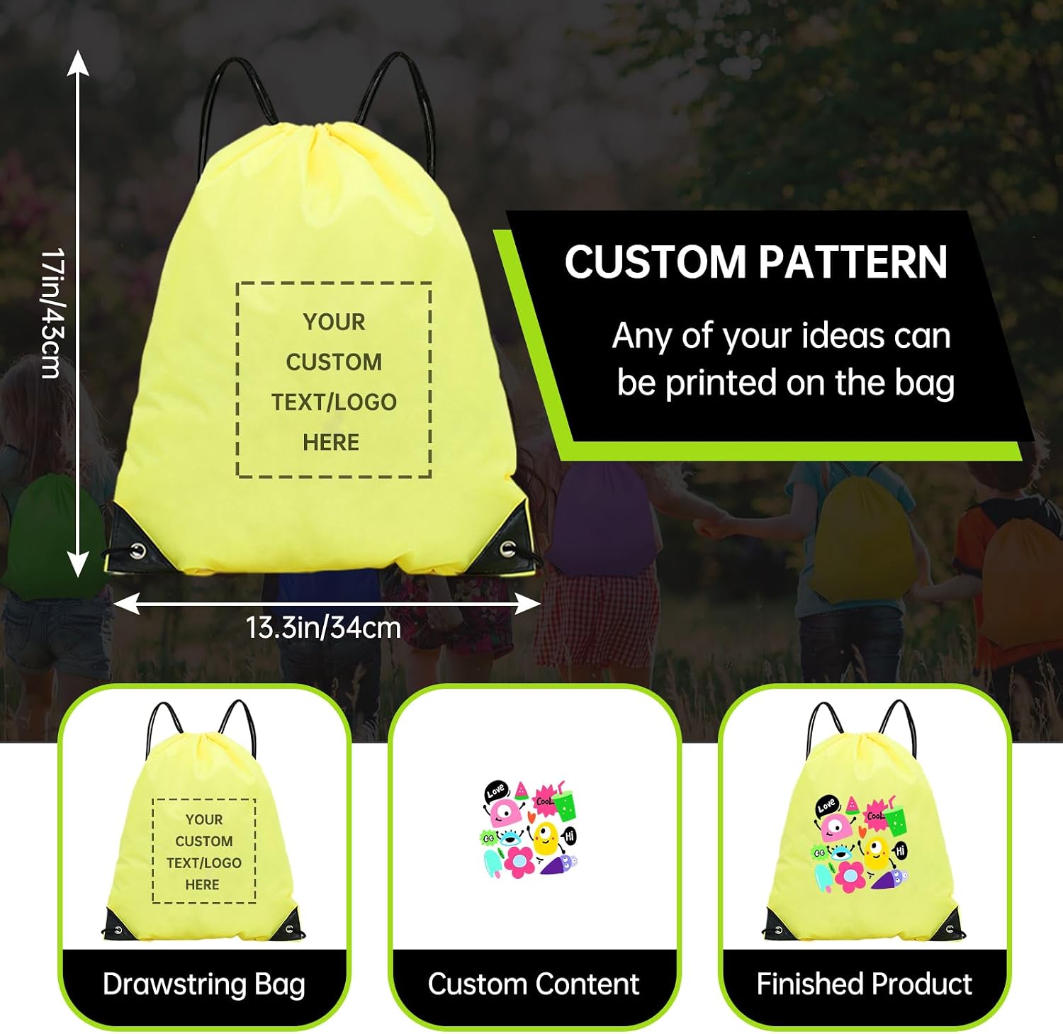 pack of 100 Custom Bags With Your Logo,customized backpack,promotional items,Drawstring Backpacks,Great for Everyday Use (Custom Yellow)