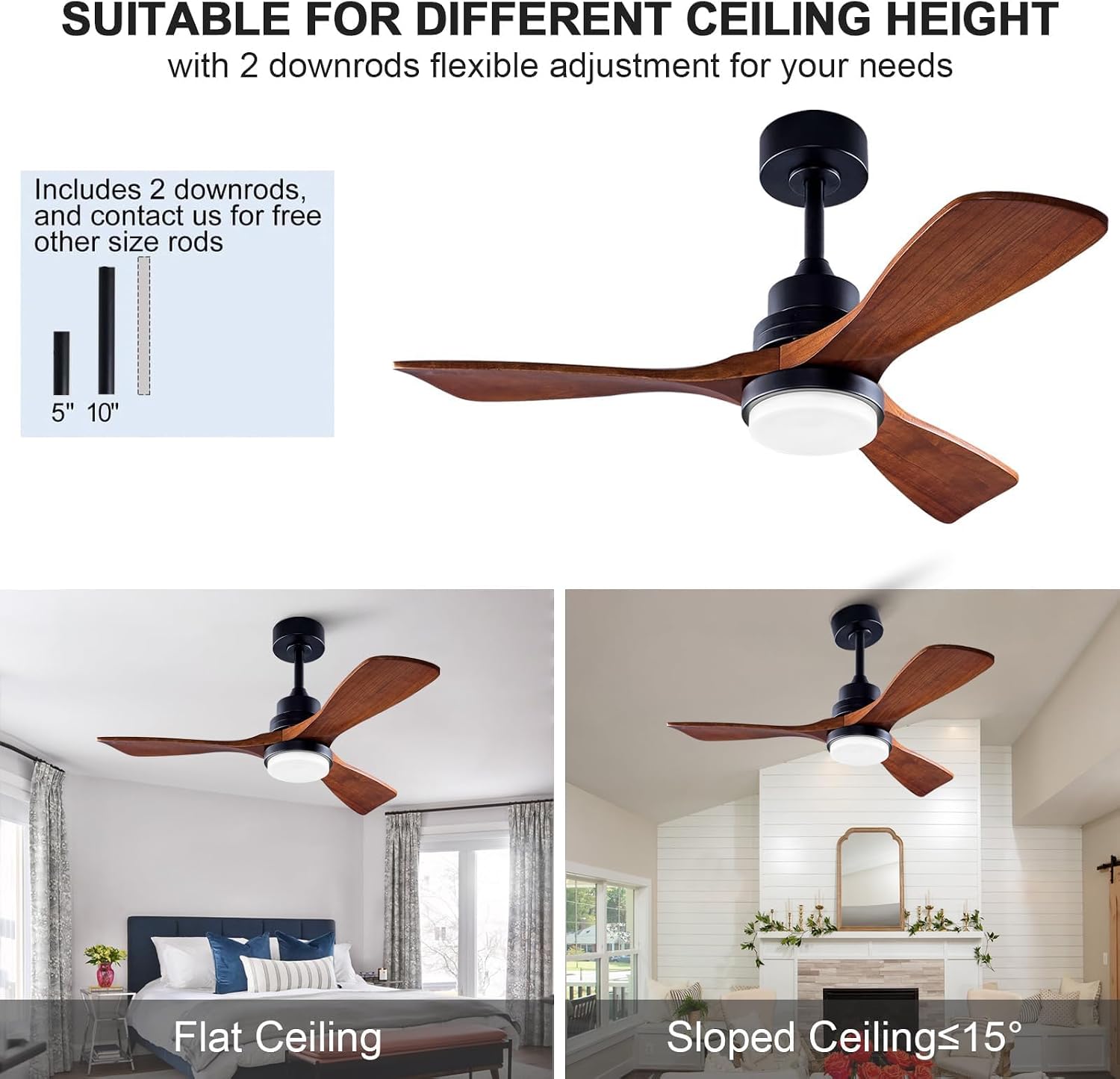 42 Inch Outdoor Ceiling Fans with Lights and Remote, Dimmable 3 Blade Wood Outdoor Ceiling Fans for Patios, Black Walnut Bedroom Ceiling Fan with Light, DC Motor