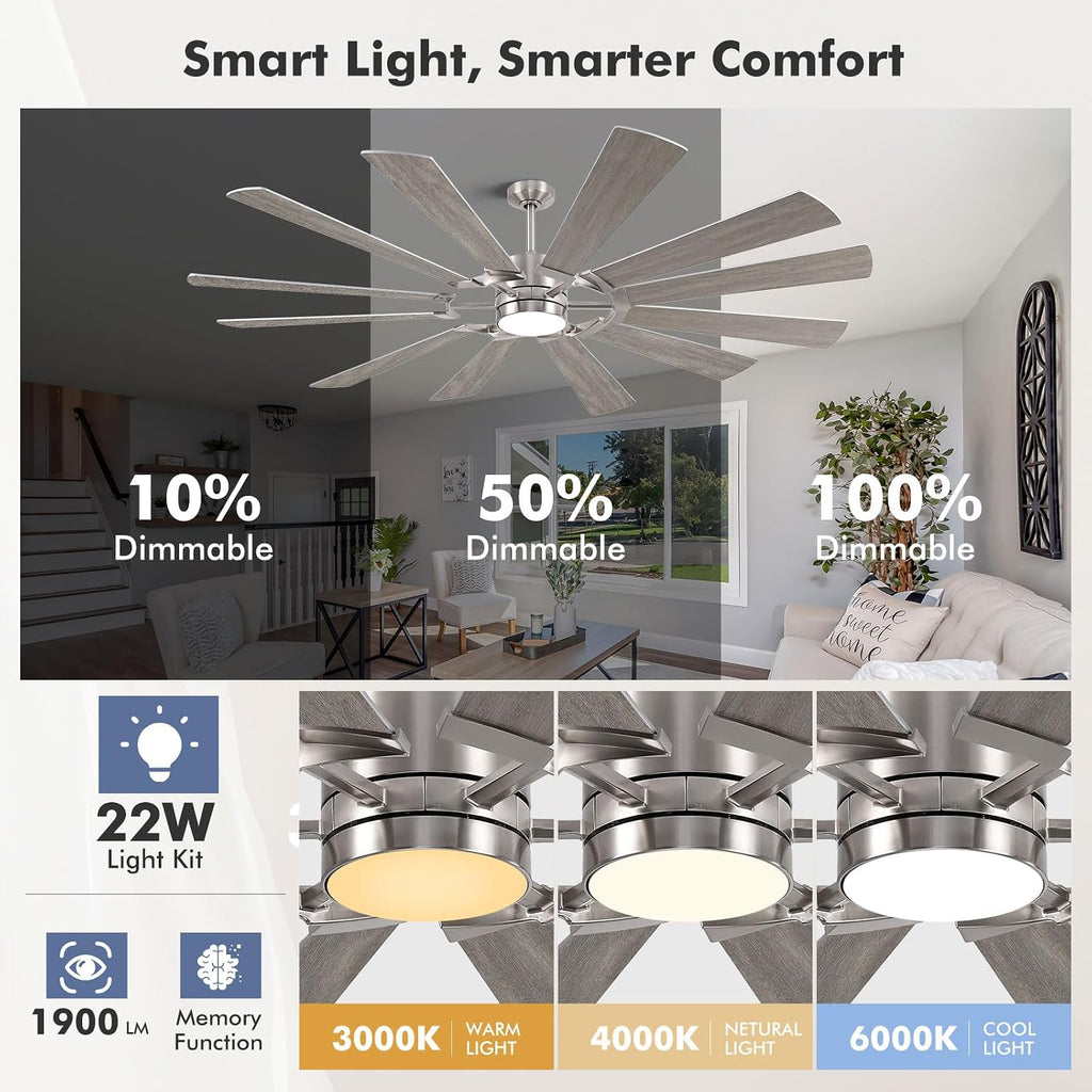 72' Outdoor Ceiling Fan with Light Remote, 12 Blade Large Modern Industrial Ceiling Fan with Dimmable Light High CFM Quiet Energy Efficient DC Motor, for Indoor Exterior Home Commercial, Silver+Oak