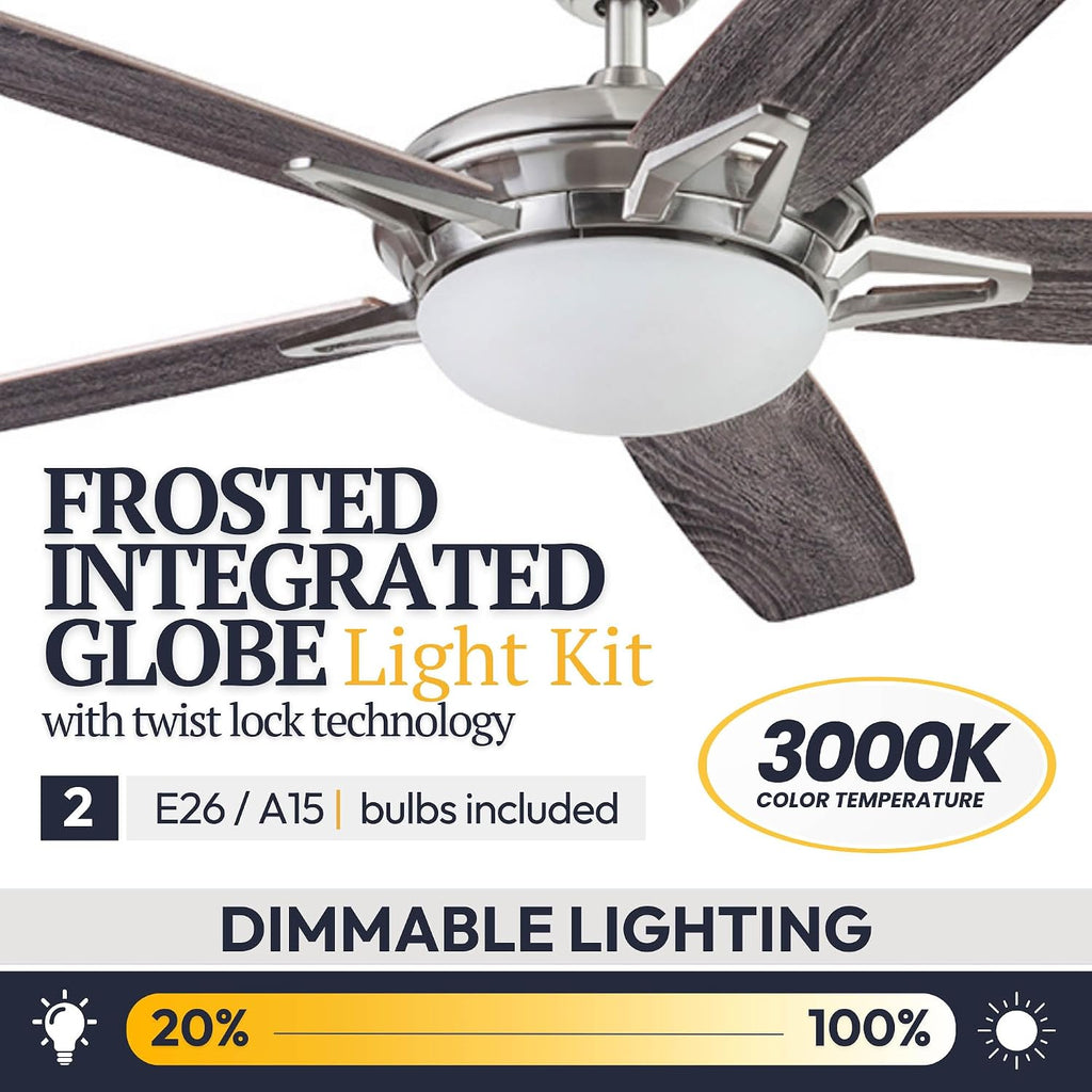 Prominence Home Clancy, 52 Inch Contemporary LED Ceiling Fan with Integrated Dome Light, Remote Control, Dual Mount, 5 Reversible Dual-Finish Blades - 51482-01 (Brushed Nickel)