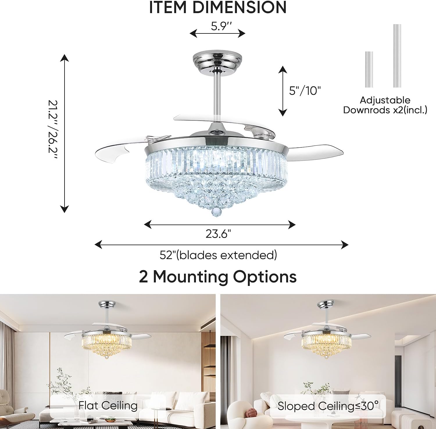 52 Inch Fandelier Ceiling Fan with Light, Retractable Chandelier Fan LED Dimmable Crystal Ceiling Fan for Bedroom Living Room Dining Room-Chrome