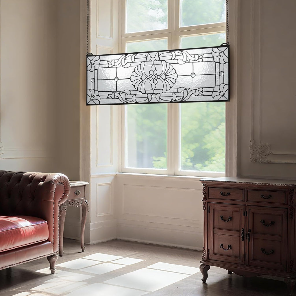VEVOR Stained Glass Window Panel, 35.2' x 13' Tiffany Style Hanging Transom Window Panel with Chain, Large Horizontal Rectangle Stain Glass, Vintage Traditional Art Handcrafts for Kitchen Home Decor