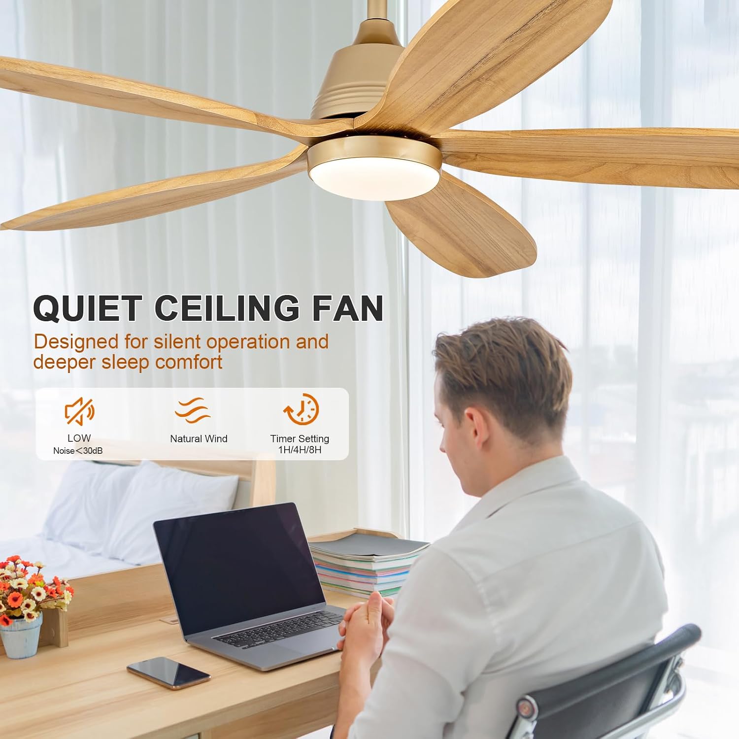 52 Inch Wood Ceiling Fans with Lights and Remote, Modern Outdoor Ceiling Fan with Light for Patio, Wall Switch, Dimmable, 5 Blades, Reversible DC Motor, Memory Function (Gold)