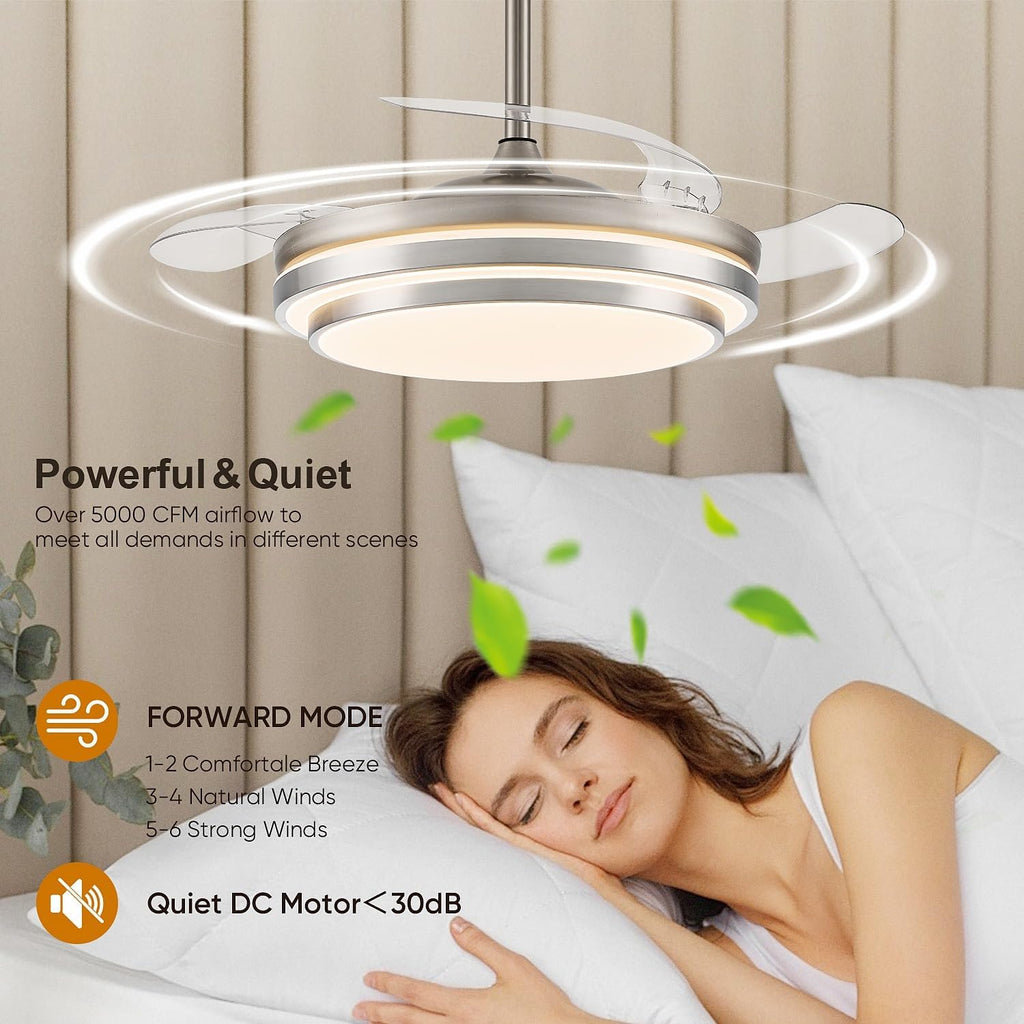 FIDGRA 48 Inch Fandelier Ceiling Fan with Light, Retractable Ceiling Fan with Lights for Bedroom Living Room Dinning Room, Chandelier with Fan 6 Speed, 3 Color Temperature-Brushed Nickel