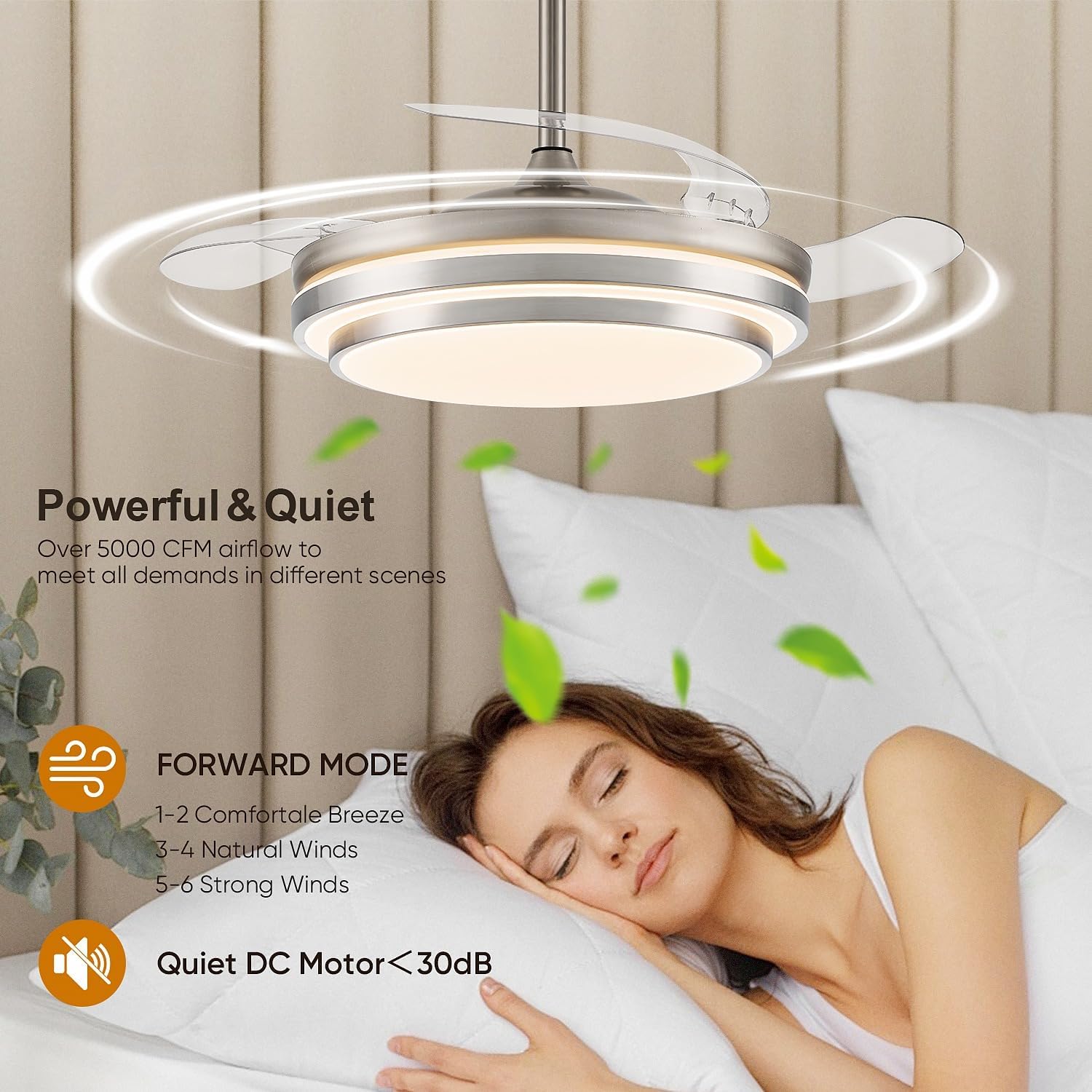 FIDGRA 48 Inch Fandelier Ceiling Fan with Light, Retractable Ceiling Fan with Lights for Bedroom Living Room Dinning Room, Chandelier with Fan 6 Speed, 3 Color Temperature-Brushed Nickel