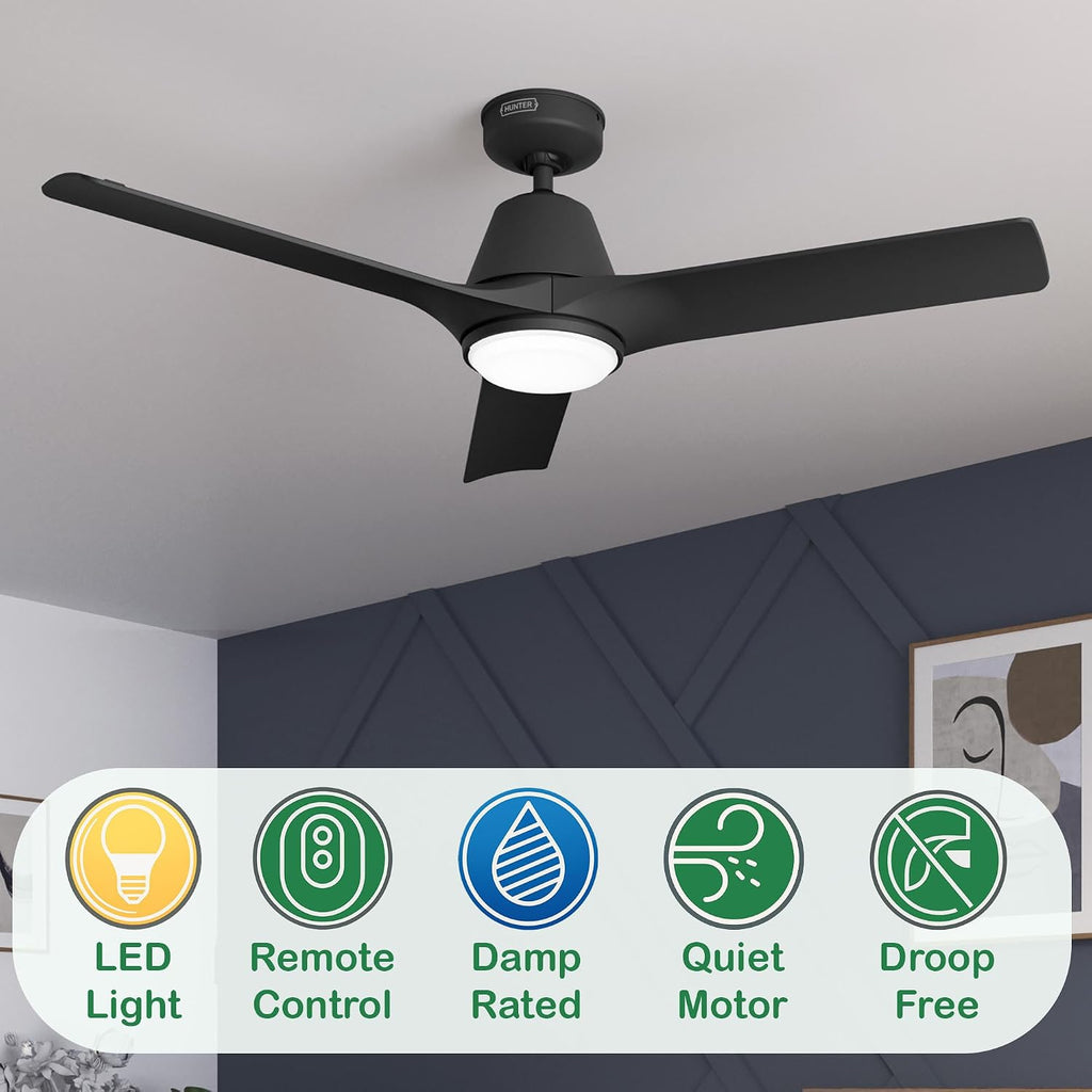 Hunter Fan 52 inch Ceiling Fan with Lights and Remote, Outdoor or Indoor Black Ceiling Fan for Porch, Living Room, Office, Kitchen, Garage (Renewed)