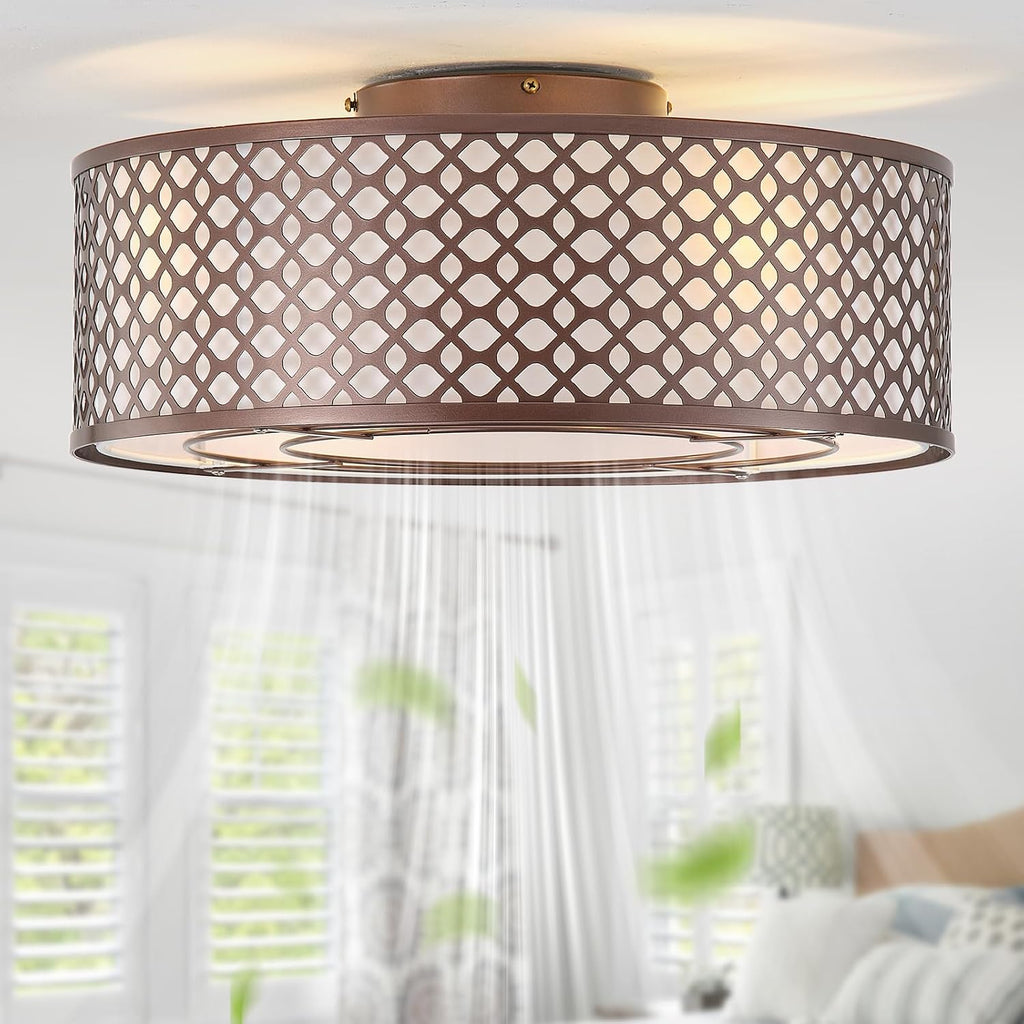 20' Brown Ceiling Fan with Light Flush Mount, Caged Farmhouse Ceiling Fans with Lights Remote Control, Round with 6 Speeds for Bedroom, Nursery, Living Room