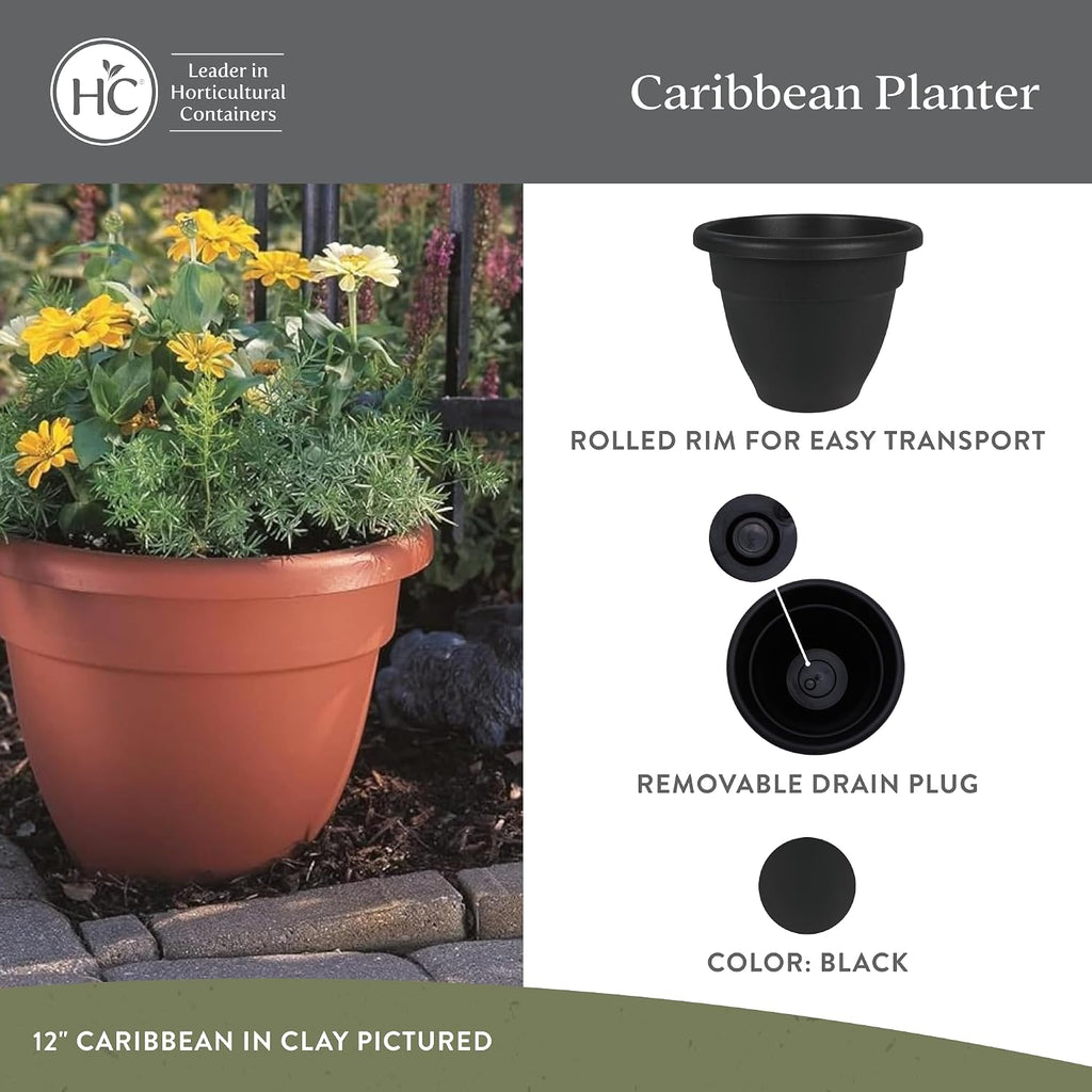 The HC Companies 20 Inch Caribbean Planter Pots with Drainage & Plug, Rolled Rim Plastic Planters for Indoor & Outdoor Plants, 2-Pack Decorative Flower Pots for Garden, Office & Home Decor, Black