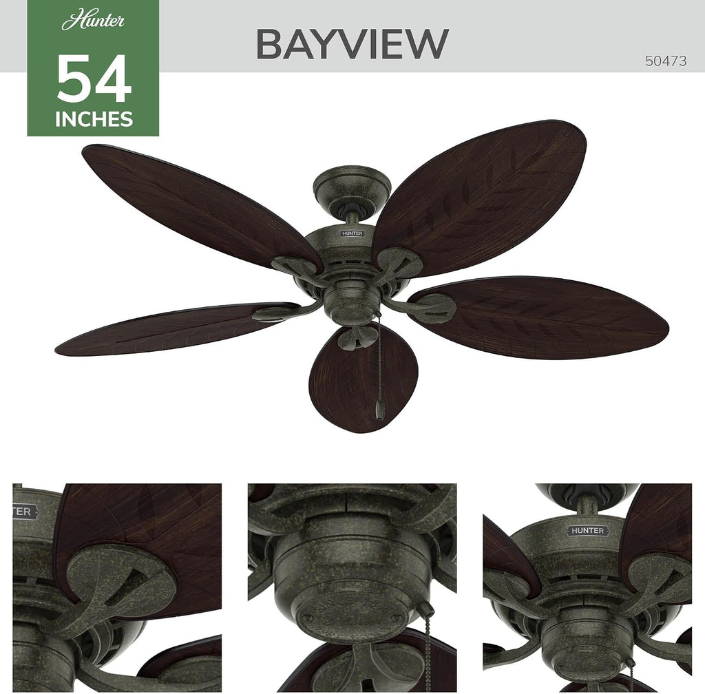 Hunter 54 inch Outdoor or Indoor Ceiling Fan No Light - Ceiling Fan without Light, For Patio, Porch, Garage, or Living Room, Standard Mount, 5 Blades, Pull Chain - Bayview 50473, Provencal Gold