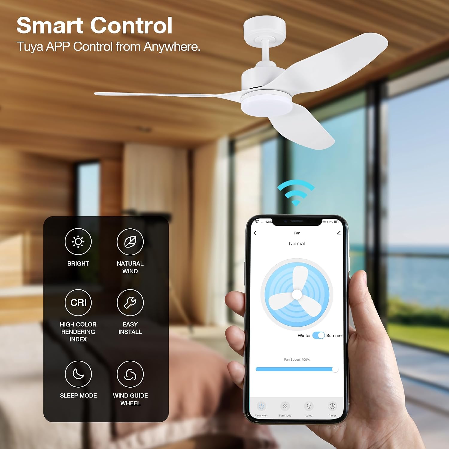 Hoenofly 48 Inch Smart Ceiling Fans with Lights Remote Control,Dimmable LED Light,Outdoor Indoor Modern Ceiling Fan,Quiet DC Motor,WIFI Alexa App Workable,Matte White for Bedroom Living Room Patio
