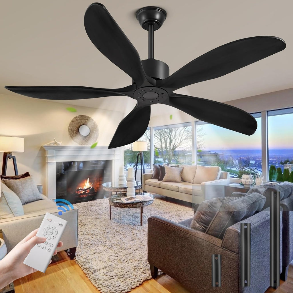 Yahada 52 Inch Ceiling Fan No Light with Remote, USA Original Patent Outdoor Ceiling Fans without Lights, 5 Wood Blades, 3 Downrods, Timer, 6 Speeds ETL DC Motor Ceiling Fans for Patios Bedroom, Black