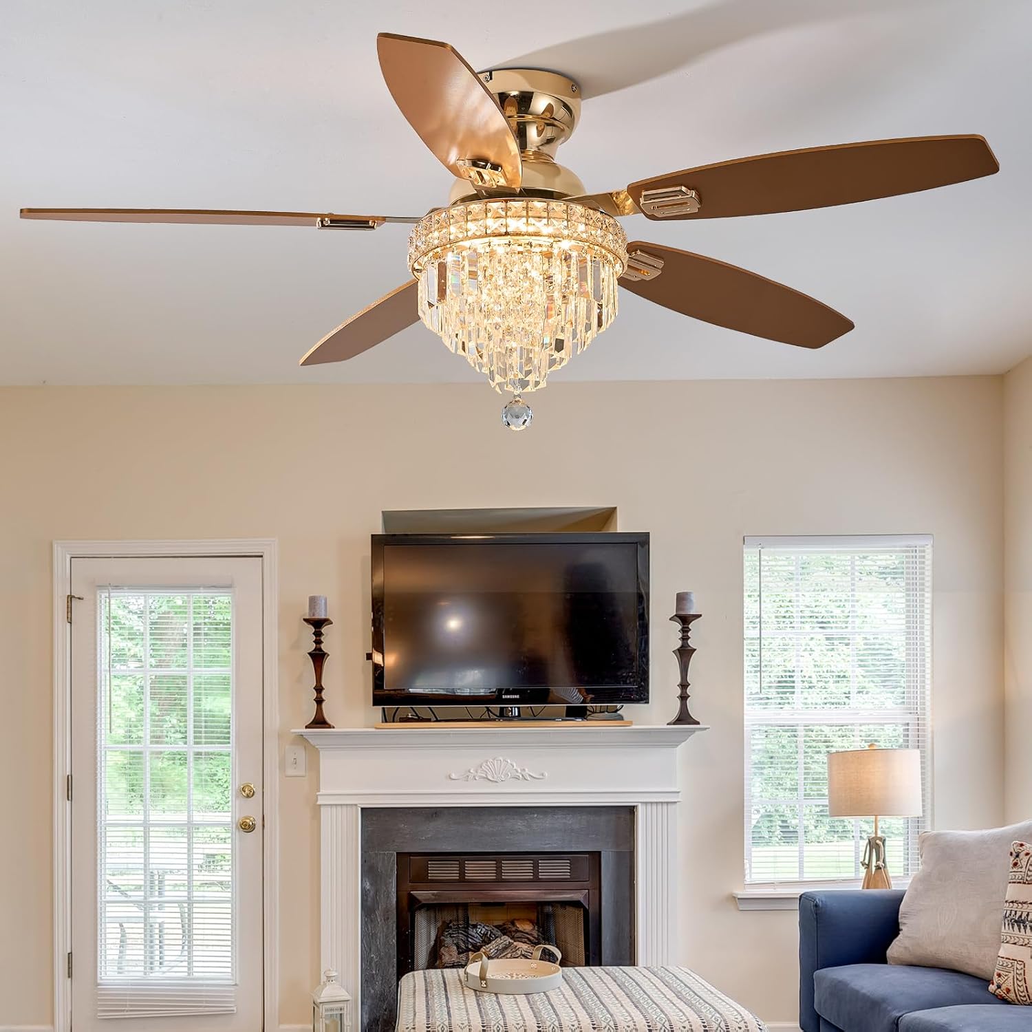 Crystal Ceiling Fan Fandelier with Lights-Ceiling Fans with Lights,54' Low Profile and Remote Control, Flush Mount, Reversible, Dimmable, Noiseless,Gold Ceiling Fan for Bedroom