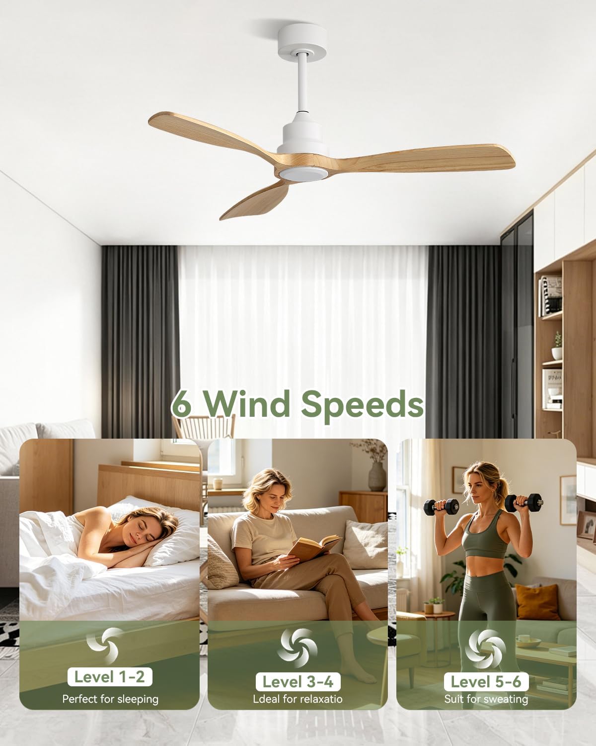 Sofucor 48 Inch Ceiling Fan No Light-Outdoor Ceiling Fans Without Lights, 3 Solid Wood Blades Reversible Quiet DC Motor, Modern Ceiling Fan with Remote Control for Indoor Bedroom/Living Room/Patios
