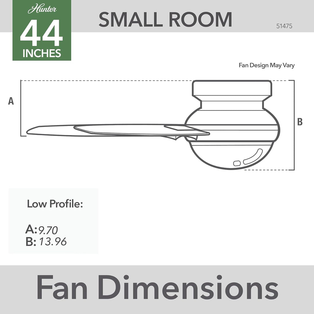 Hunter 44 inch Outdoor or Indoor Ceiling Fan with LED Light and Remote Control - Low Profile Mount Ceiling Fan, 3 Blades, For Patio, Porch, Garage, or Living Room, Quiet - Gilmour 51475, Matte Silver