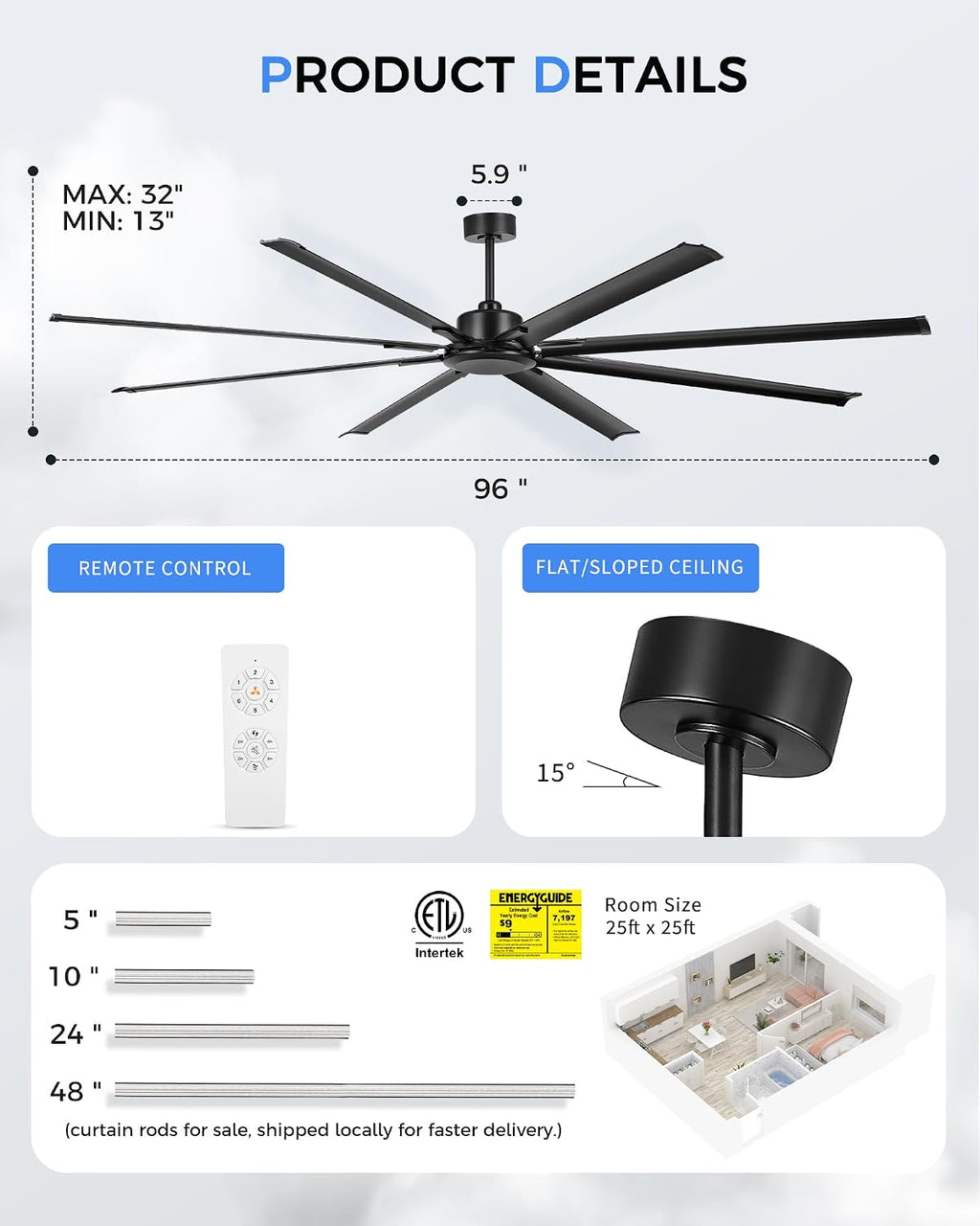 96 Inch Industrial Ceiling Fan Without Light, Matte Black Outdoor Model for Covered Areas, 8 Aluminum Blades, Powerful Airflow, Modern No-Light Design, CF04NBK-96