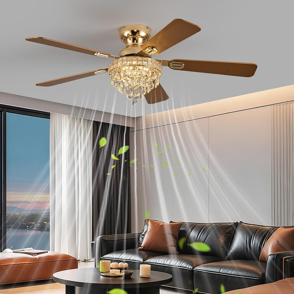 52' Crystal Ceiling Fans with RGB Lights, Remote/App Control, Luxury Fandelier Ceiling Fan Flush Mount, Reversible DC Motor, Dimmable, Bedroom Chandelier Fan, (Gold)