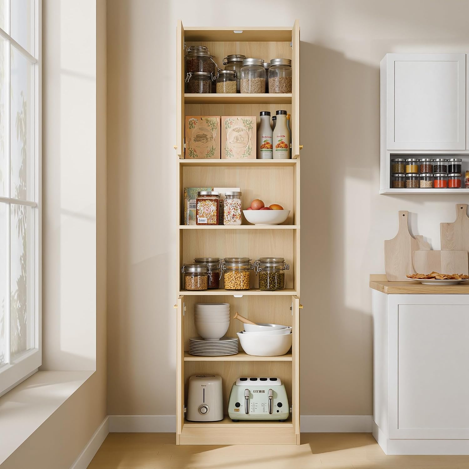 Cozy Castle Kitchen Pantry Cabinet, 75' Tall Wood Storage Cabinet with Doors and Shelves, 4 Doors Open Countertop Utility Hutch Cupboard for Dining Room Living Room Bathroom Furniture, Oak