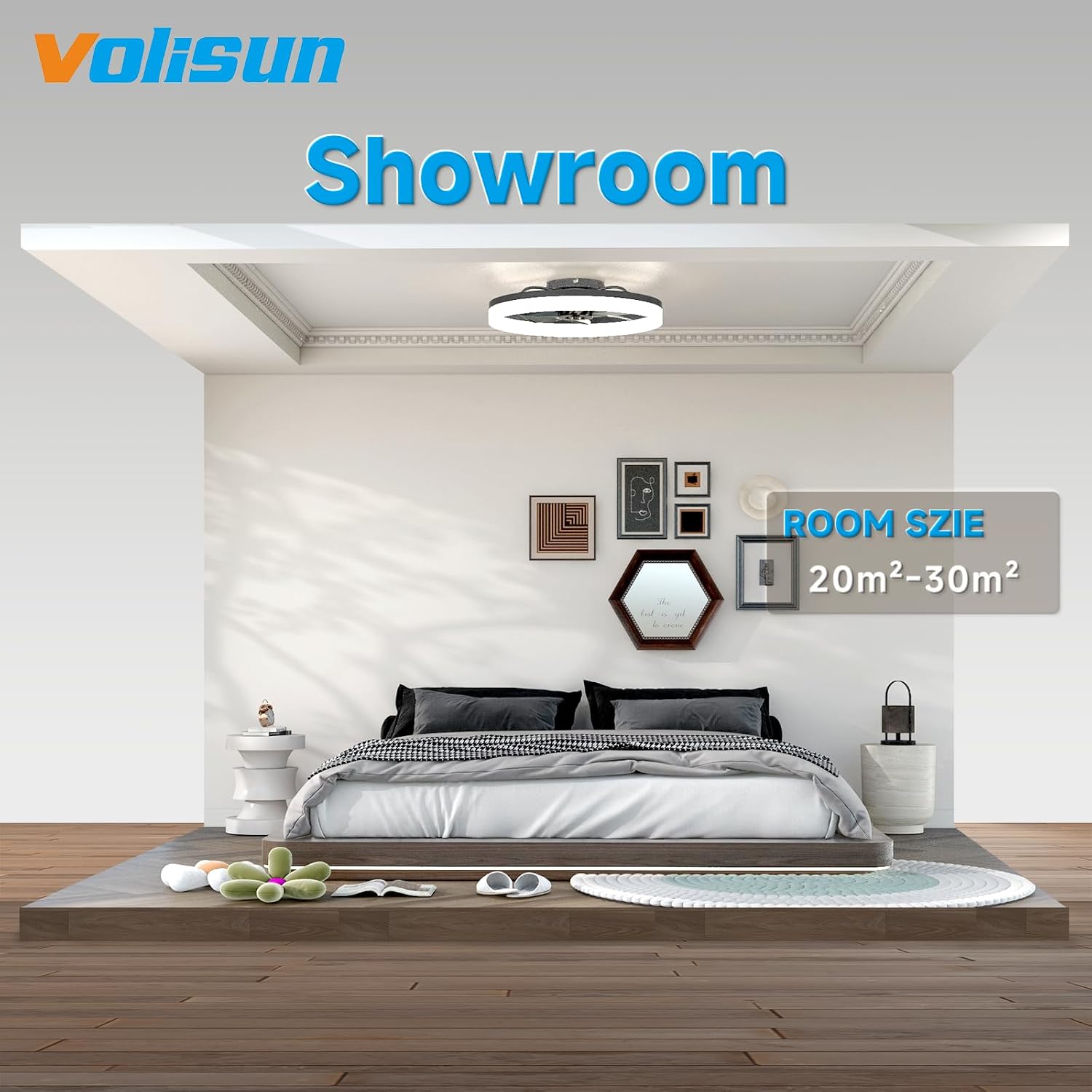 VOLISUN Low Profile Ceiling Fans with Lights and Remote, 23.6in Fandelier Ceiling Fan with Light, 3000K-6500K Dimmable Bladeless LED Fan Light, Black Flush Mount Ceiling Fans with Lights for Bedroom