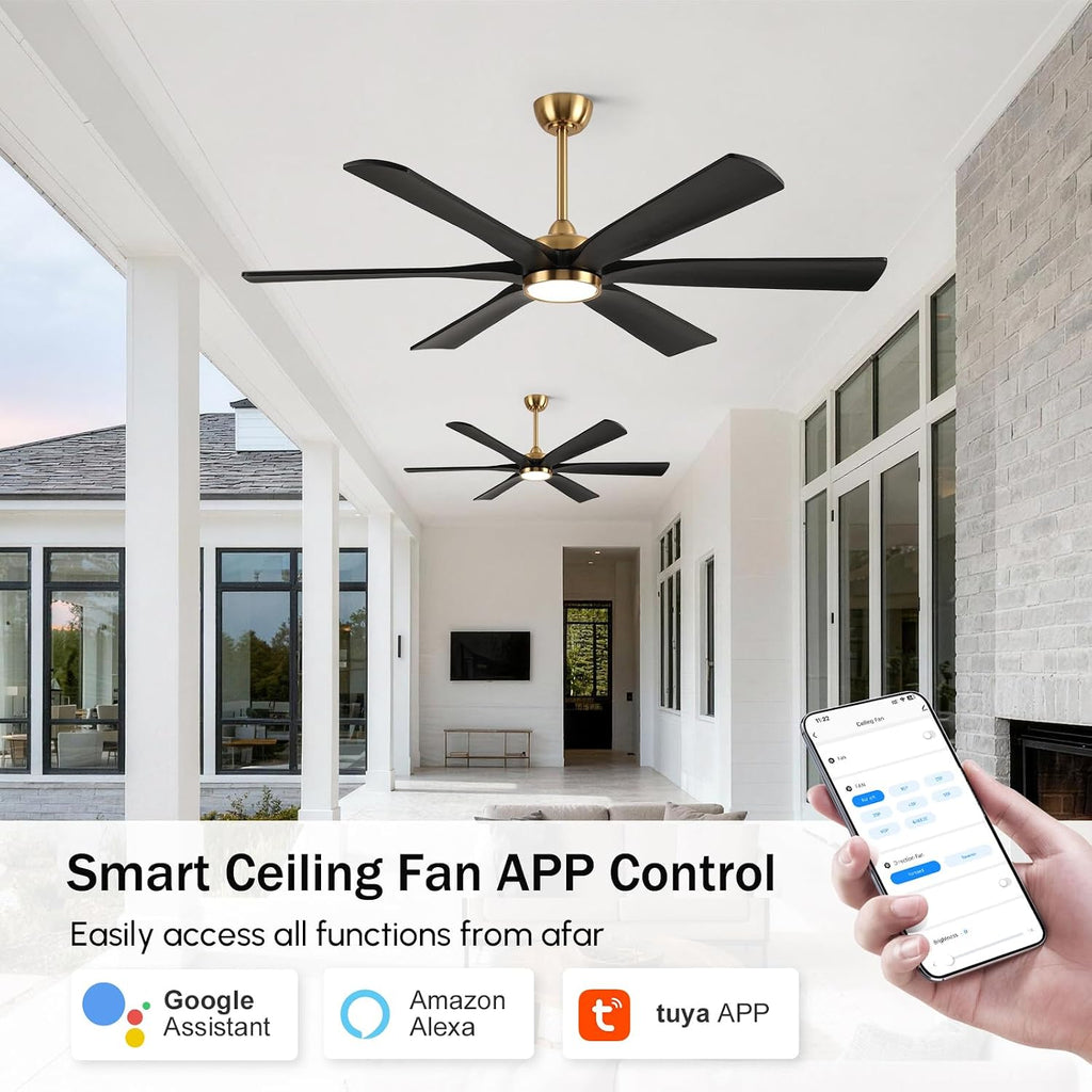 60 Inch Outdoor Ceiling Fan with Lights, Black Gold Smart Fan with Remote Alexa Control, 6 Solid Wood Blades, High CFM Quiet DC Motor, Damp Rated for Patios, Indoor Living Rooms, Gazebo