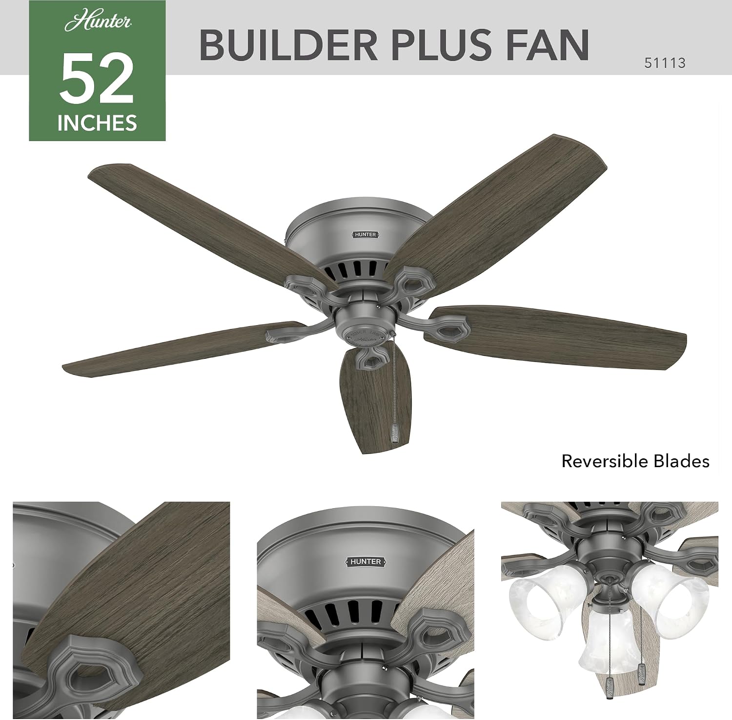 Hunter 52 inch Indoor Ceiling Fan with LED Lights - Ceiling Fan with Pull Chain, For Bedroom, Living Room, or Kitchen, Low Profile Flush Mount, No Remote, 5 Blades - Builder 51113, Matte Silver
