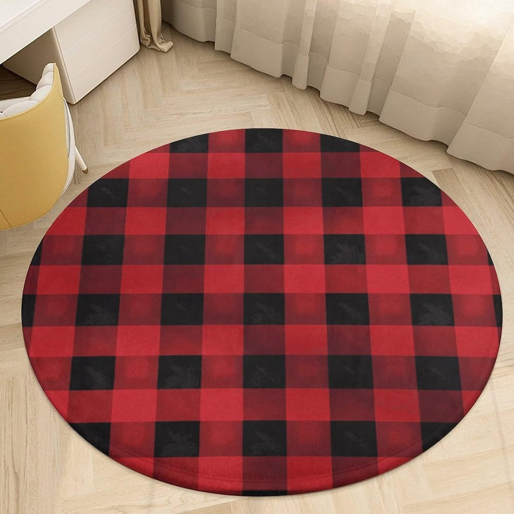 Red Black Buffalo Check Plaid Pattern Coral Velvet Round Floor Mat Non-Slip Bath Rug Floor Covering for Bathroom Vanity Guest Suite & Vacation Home