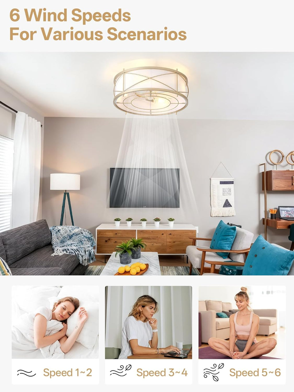 Gold Flush Mount Boho Ceiling Fan with Lights, 20' Caged Rattan Ceiling Fans with Light and Remote, Enclosed with 6 Speeds for Living Room, Bedroom, Nursery