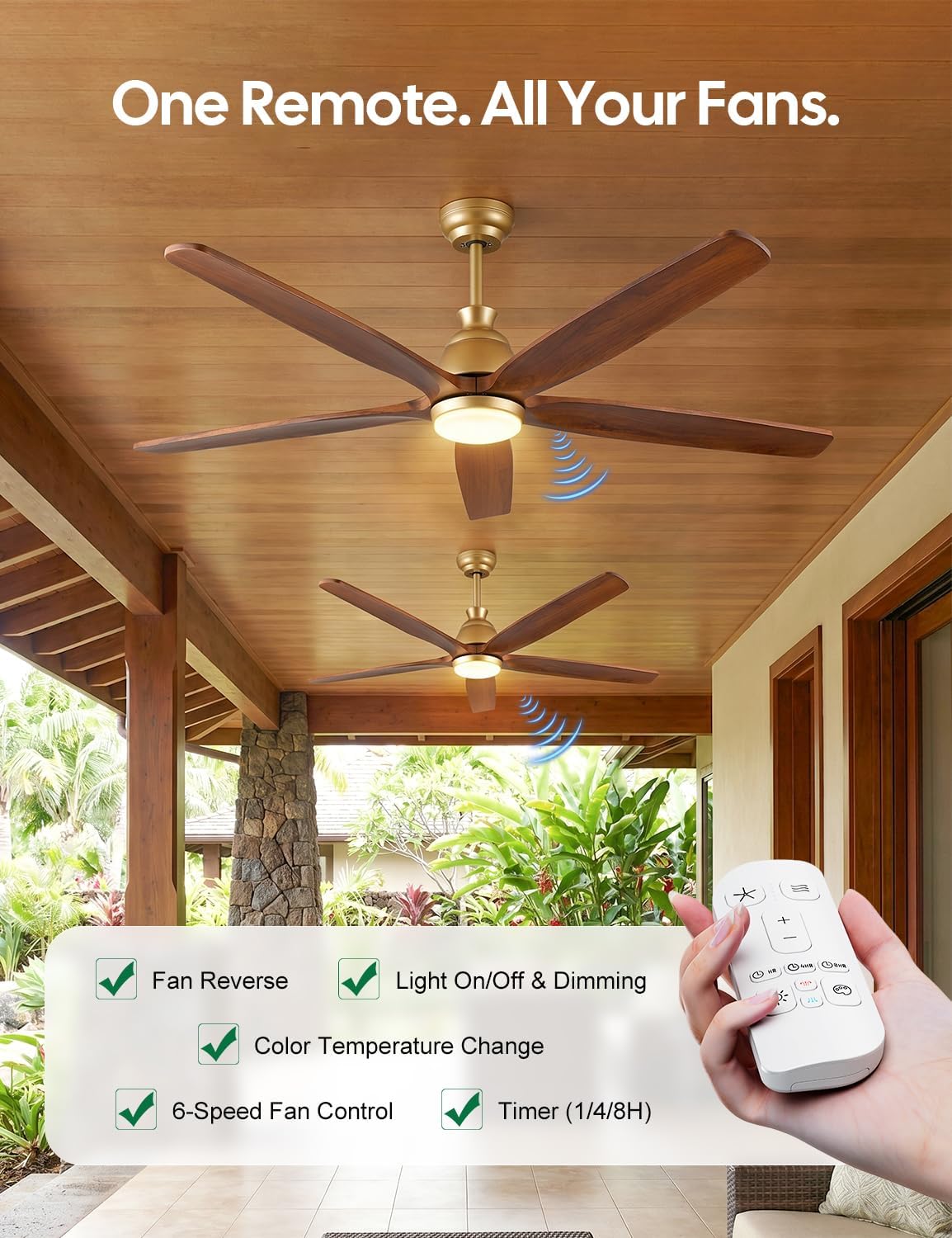 52 Inch Ceiling Fan with Lights, Gold Brass Finish, Solid Wood Ceiling Fan, Outdoor Damp Rated for Patio, High CFM Quiet Reversible DC Motor, Rustic Farmhouse Blades, for Indoor Living Room Bedroom