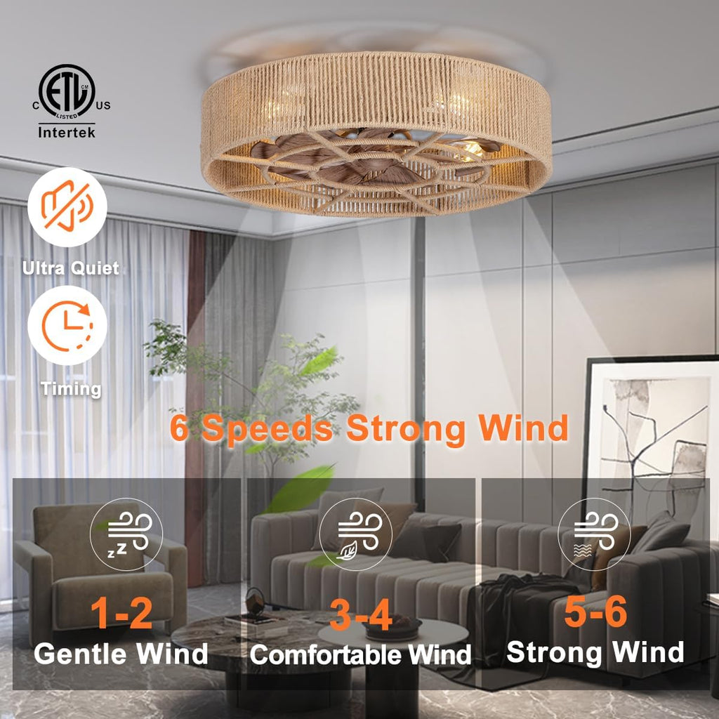SHLUCE 22' Rattan Boho Caged Ceiling Fan with Light, Flush Mount Low Profile Ceiling Fan with Light, Rustic Large Bladeless Ceiling Fans with Lights and Remote for Bedroom, Living Room, Kitchen - ETL