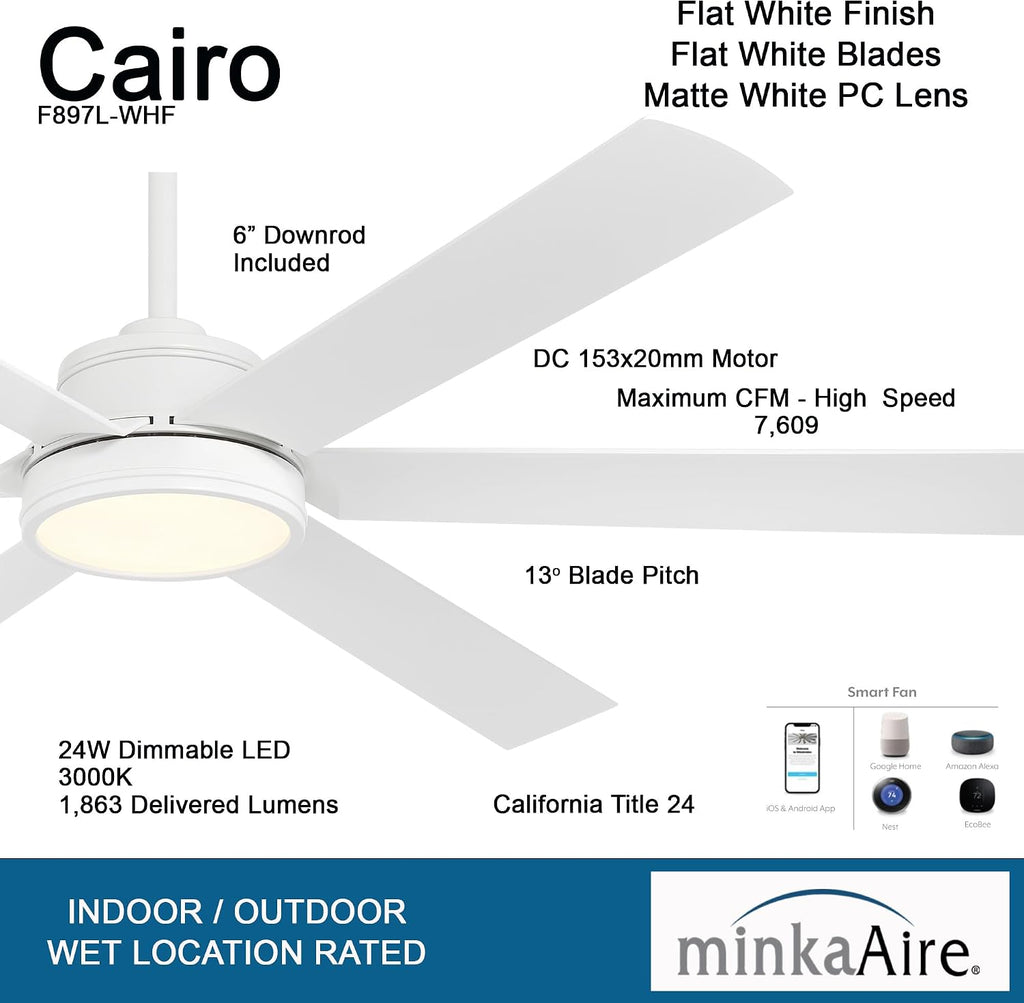 MINKA-AIRE F897L-WHF Cairo 65' 6-Blade LED Smart Indoor/Outdoor Ceiling Fan - Flat White Finish with Matte Lens