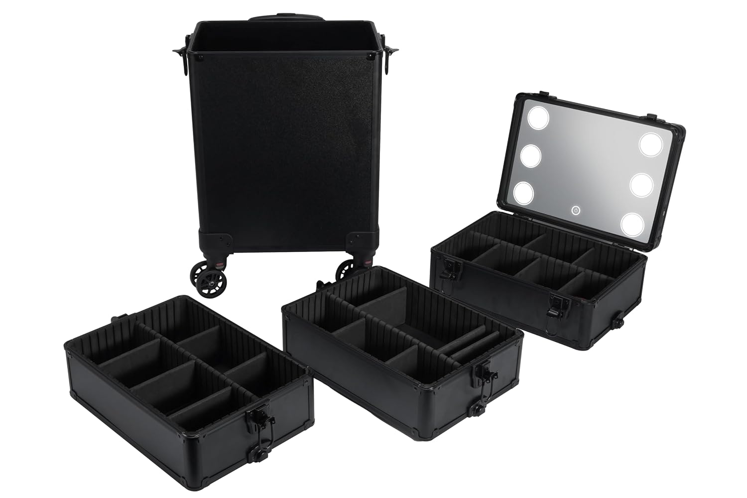 4 in 1 Rolling Makeup Train Case with Light & Mirror, Interchangeable Cosmetic Box, Cosmetology Caboodle Case on 360° Wheels, Beauty Storage Luggage(Black)