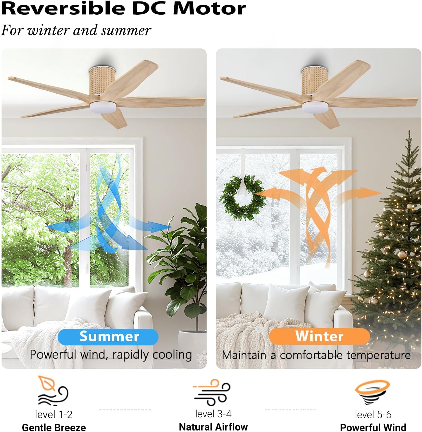 LEDLUX 54' Ceiling Fan with Light - Low Profile Flush Mount Ceiling Fan, 6-Speed Remote Control, Solid Wood, Quiet Reversible DC Motor, Wood/White Finish, for Bedroom, Living Room, Porch