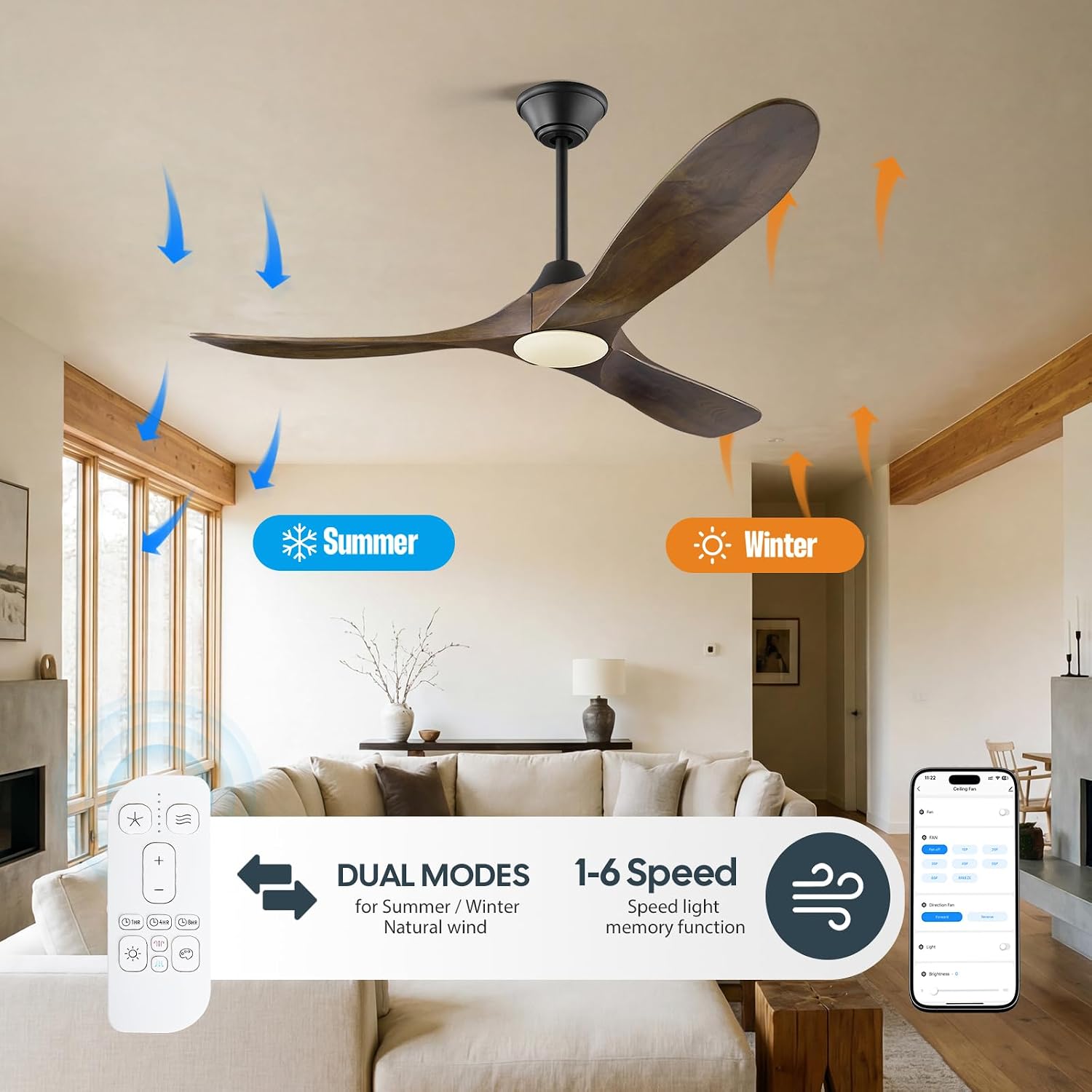 36 Inch Smart Ceiling Fan with Lights, Indoor Outdoor Ceiling Fans 3 Wood Blades, 6 Speeds Dimmable Quiet DC Motor, Remote/Alexa WiFi App Control, Modern Low Profile for Small Bedroom Patio Office