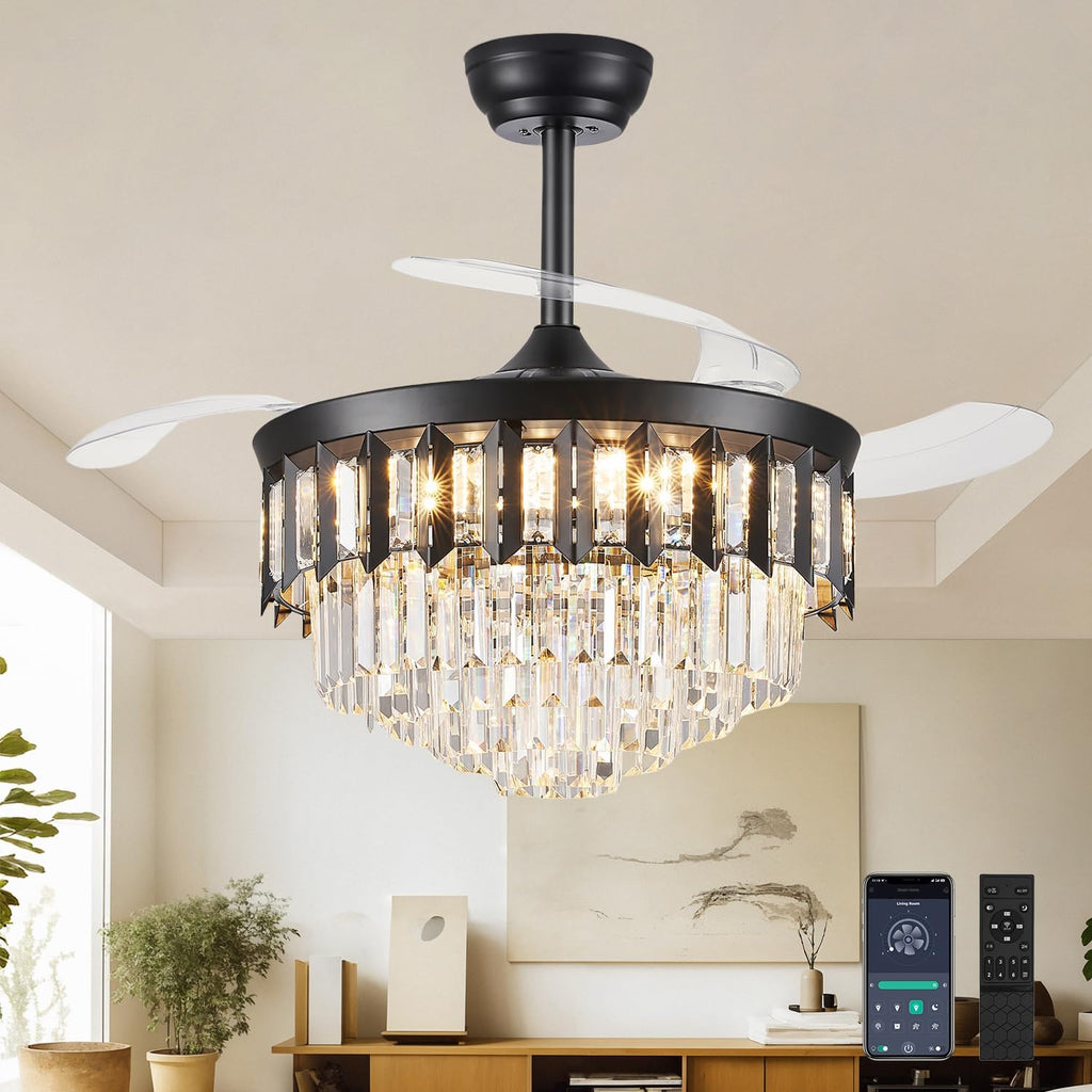 TXCSLY 42' Fandelier Ceiling Fan with Light, Crystal Chandelier Fan with Retractable Blades Dimmable Crystal Ceiling Fan Chandelier for Bedroom Living Room Dining Room-Black