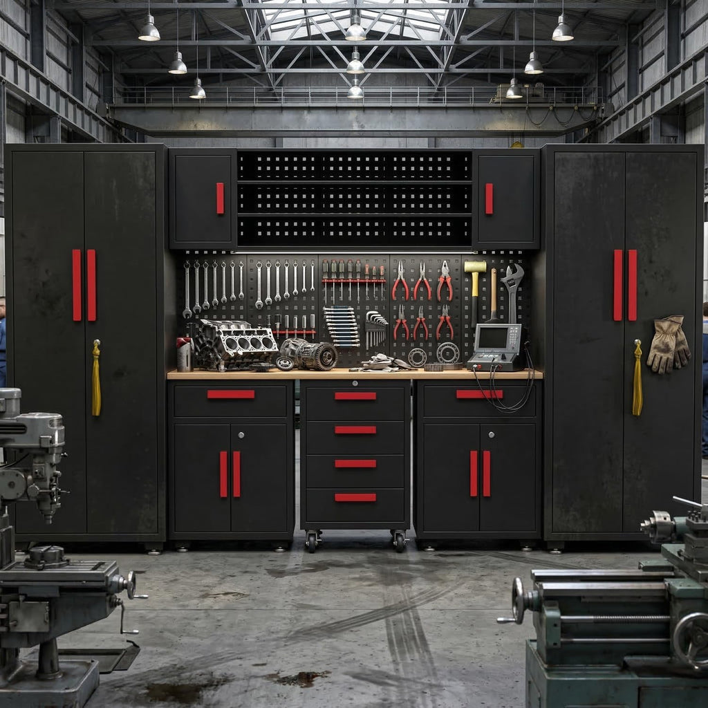 Garage Storage Cabinet System, 9-Pcs Workshop Cabinet Set in Black, Included Steel Cabinets Drawers Rolling Chest and Pegboard,Locked Garage Storage Cabinet,Red Handle