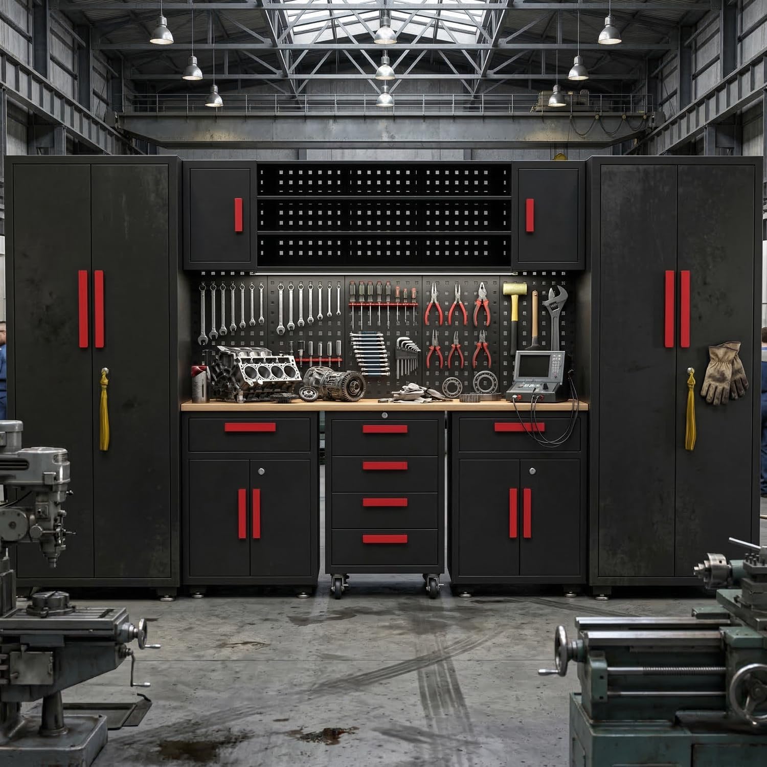 Garage Storage Cabinet System, 9-Pcs Workshop Cabinet Set in Black, Included Steel Cabinets Drawers Rolling Chest and Pegboard,Locked Garage Storage Cabinet,Red Handle