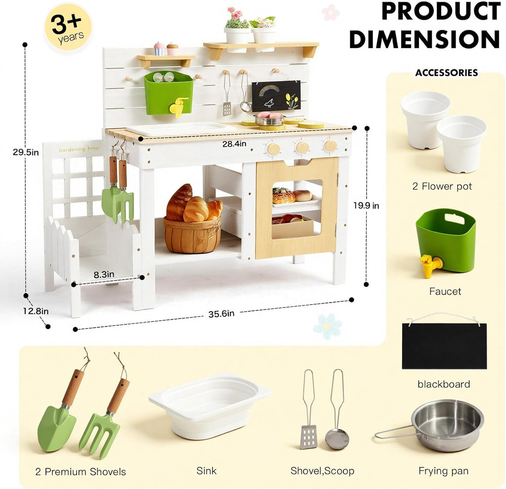 Frogprin Outdoor Mud Kitchen for Kids, Wooden Play Kitchen with Plant Growing Box & Trellis, Real Faucet Sink, Gardening Tools &, Cooking Accessories, Ideal for Toddlers Ages 3+