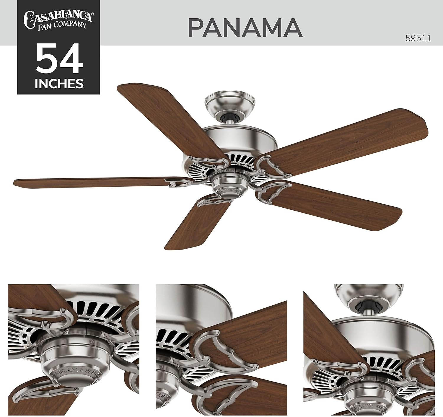 Casablanca 54 inch Indoor Ceiling Fan No Light with Remote Control - Ceiling Fan without Light, Standard Mount, 5 Blades, For Bedroom, Living Room, or Kitchen - Panama 59511, Brushed Nickel