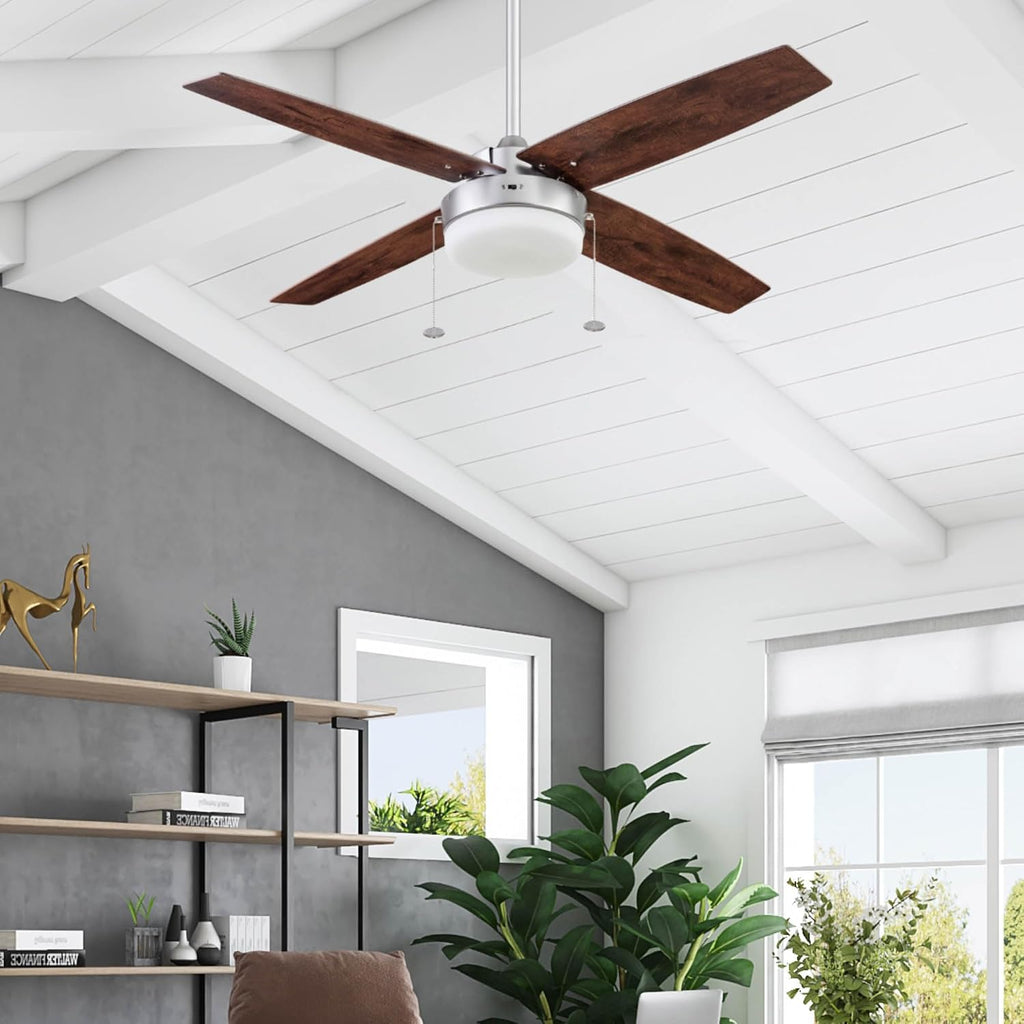 Prominence Home Memphis, 52 Inch Contemporary Indoor LED Ceiling Fan with Light, Pull Chain, Dual Mounting Options, 4 Dual Finish Blades, Reversible Motor - 51652-01 (Pewter)
