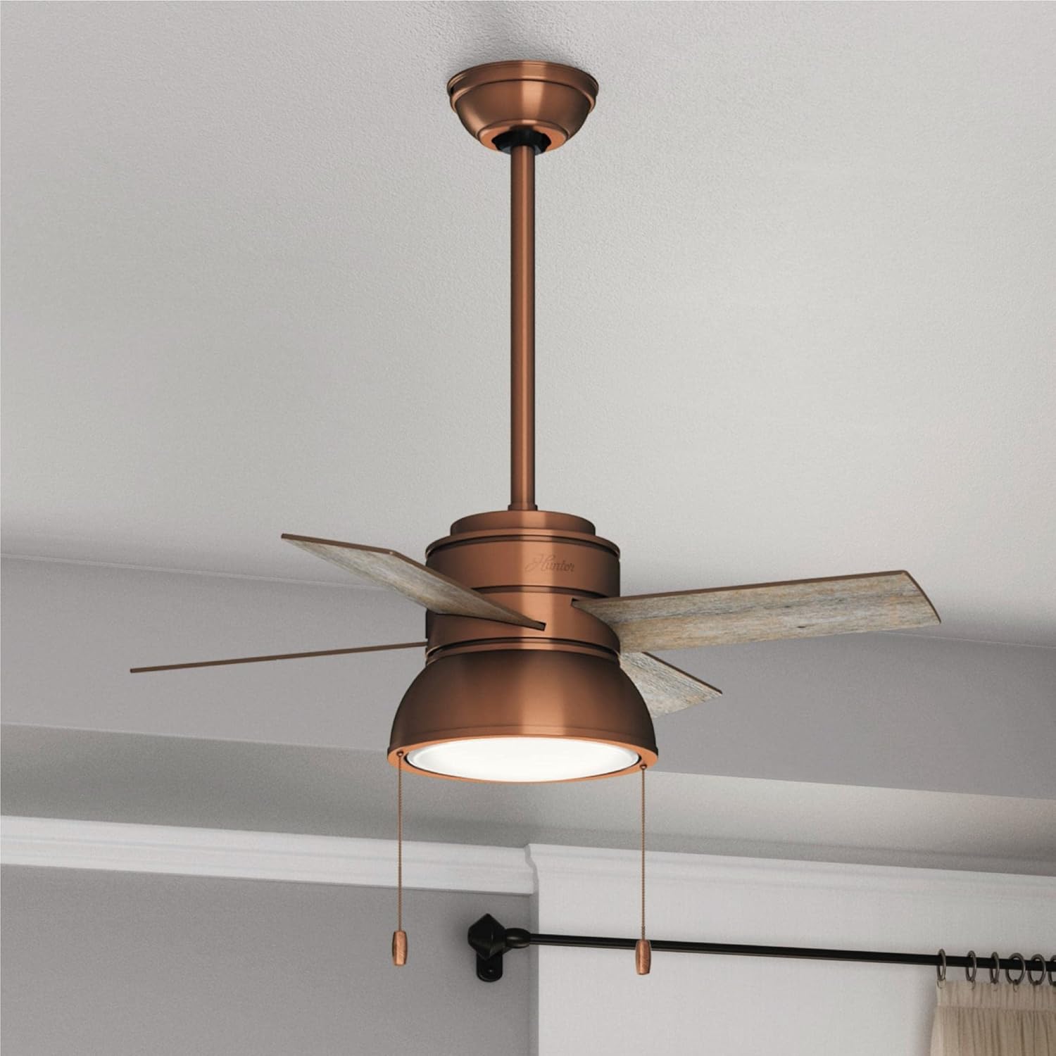 Hunter Fan Company 51042 Loki Indoor Ceiling Fan with LED Light and Pull Chain Control, 36', Weathered Copper Finish