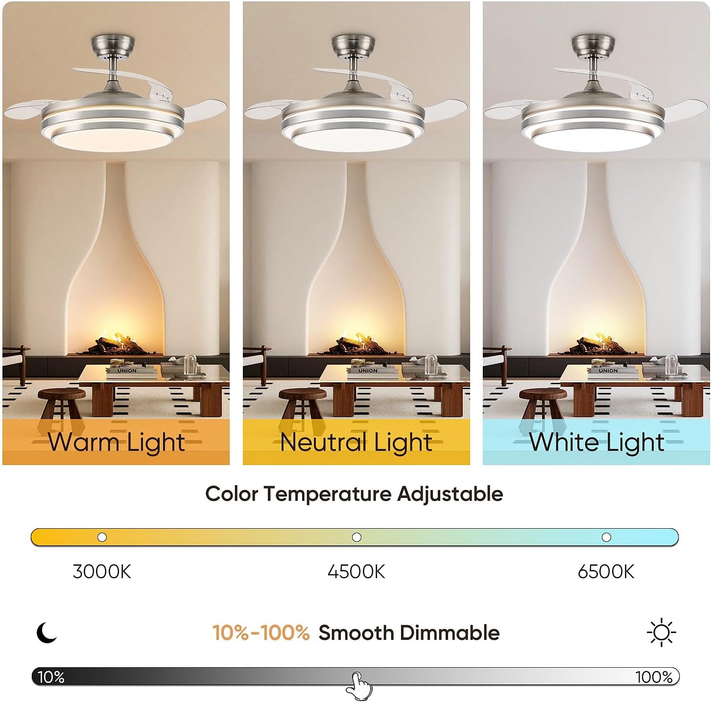 FIDGRA 48 Inch Fandelier Ceiling Fan with Light, Retractable Ceiling Fan with Lights for Bedroom Living Room Dinning Room, Chandelier with Fan 6 Speed, 3 Color Temperature-Brushed Nickel