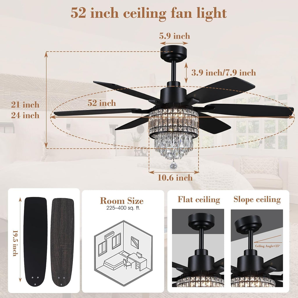 Kviflon 52 Inch Crystal Ceiling Fan with Lights, Black Fandelier Ceiling Fan with Light and Remote/APP Control, Modern Chandelier Ceiling Fan for Bedroom Living Room, Quiet DC Motor, Dimmable LED