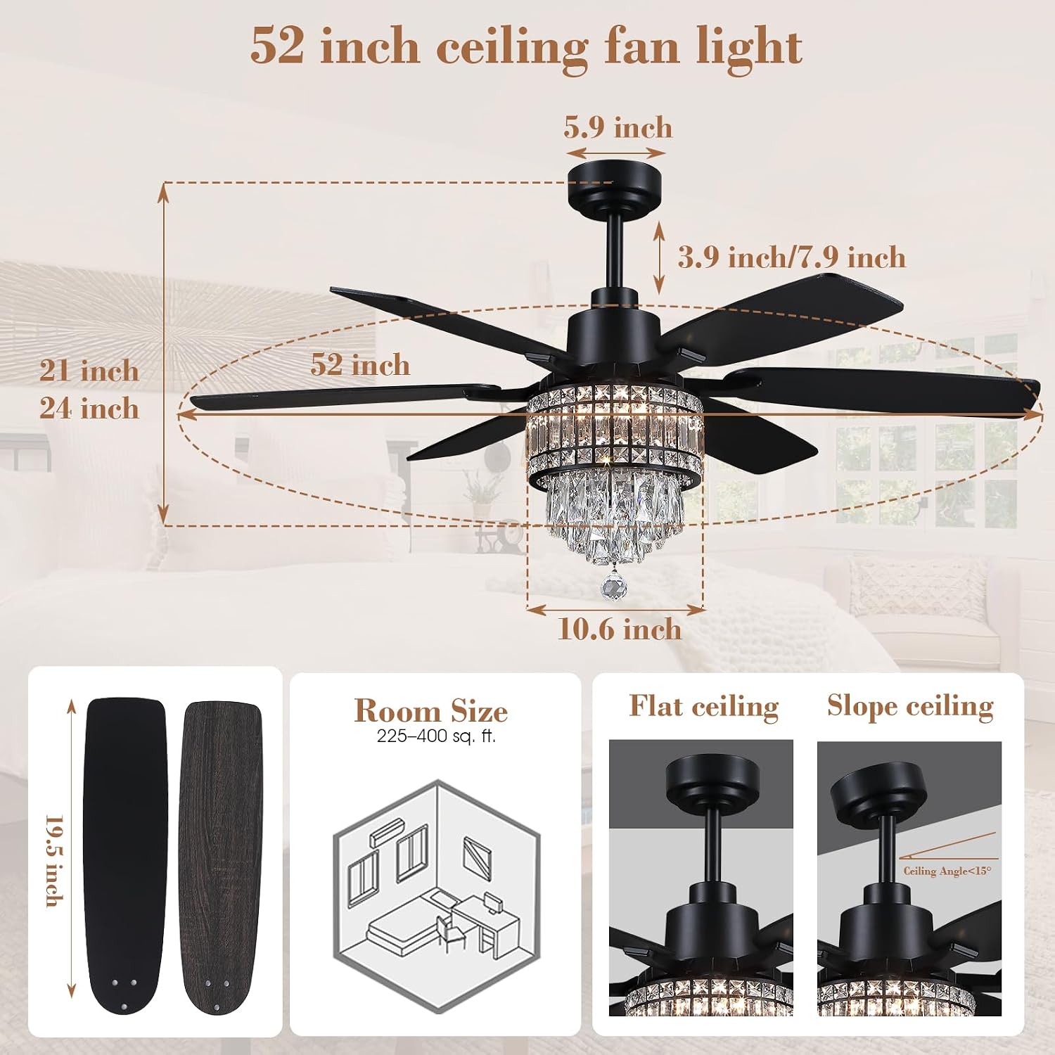 Kviflon 52 Inch Crystal Ceiling Fan with Lights, Black Fandelier Ceiling Fan with Light and Remote/APP Control, Modern Chandelier Ceiling Fan for Bedroom Living Room, Quiet DC Motor, Dimmable LED