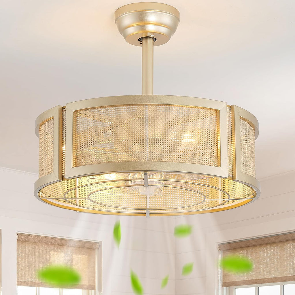 20' Boho Ceiling Fans with Lights, Rattan Fandelier Ceiling Fan with Light Remote Control with Caged 6 Speeds for Bedroom, Nursery, Living Room (Gold)