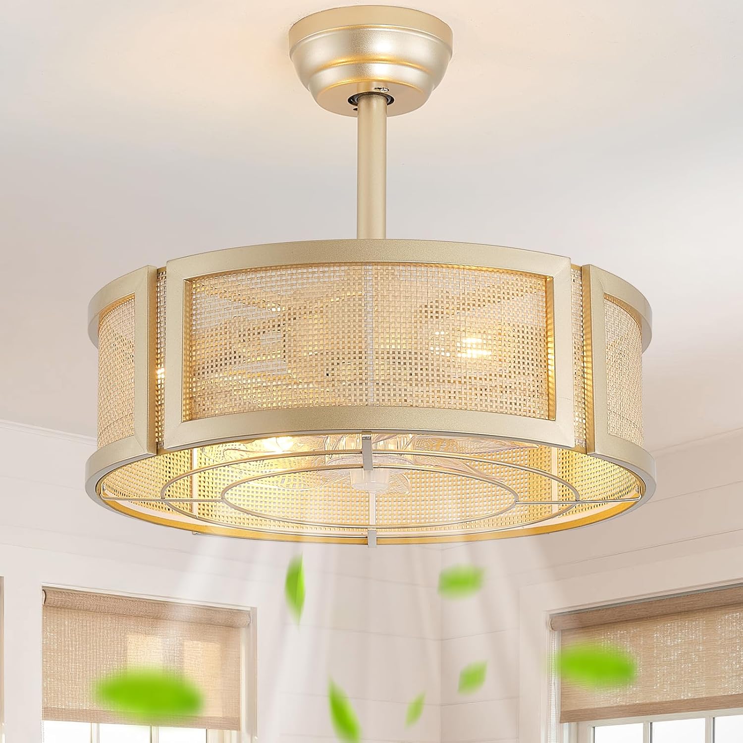20' Boho Ceiling Fans with Lights, Rattan Fandelier Ceiling Fan with Light Remote Control with Caged 6 Speeds for Bedroom, Nursery, Living Room (Gold)