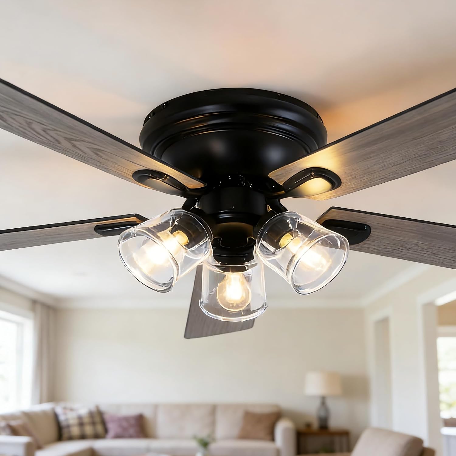 52 Inch Vintage Ceiling Fan with Lights and Remote, Flush Mount Farmhouse Ceiling Fan Rustic Fandelier 3-Lights Chandelier for Bedroom Living Room Dining Room, 5 Reversible Blades 6 Speeds