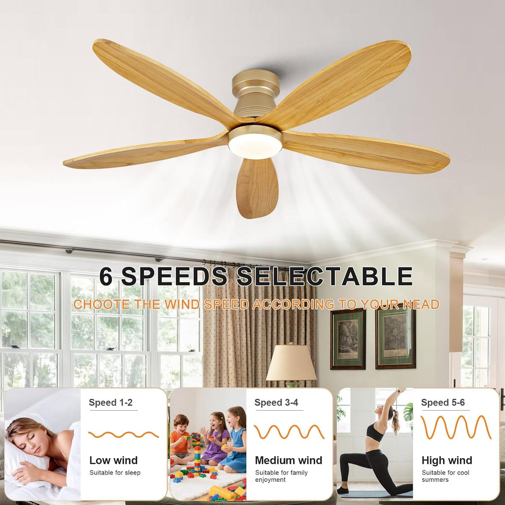 48 Inch Flush Mount Ceiling Fans with Lights and Remote, Modern Low Profile Wood Ceiling Fan with Light，Indoor Outdoor Ceiling Fans for Patio Office, Dimmable, Wall Switch, Memory Function