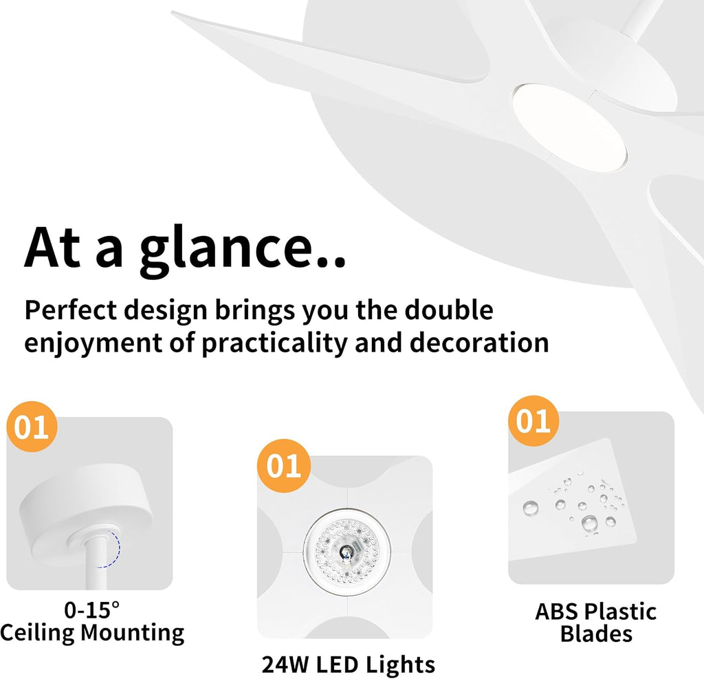 WINGBO 54' Wet Rated Outdoor Ceiling Fan with Lights, 4 ABS Plastic Blades, Reversible DC Motor, 6-Speed Remote Control, 3 CCT, Waterproof Ceiling Fan for Patio Porch Gazebo Garage, Gloss White